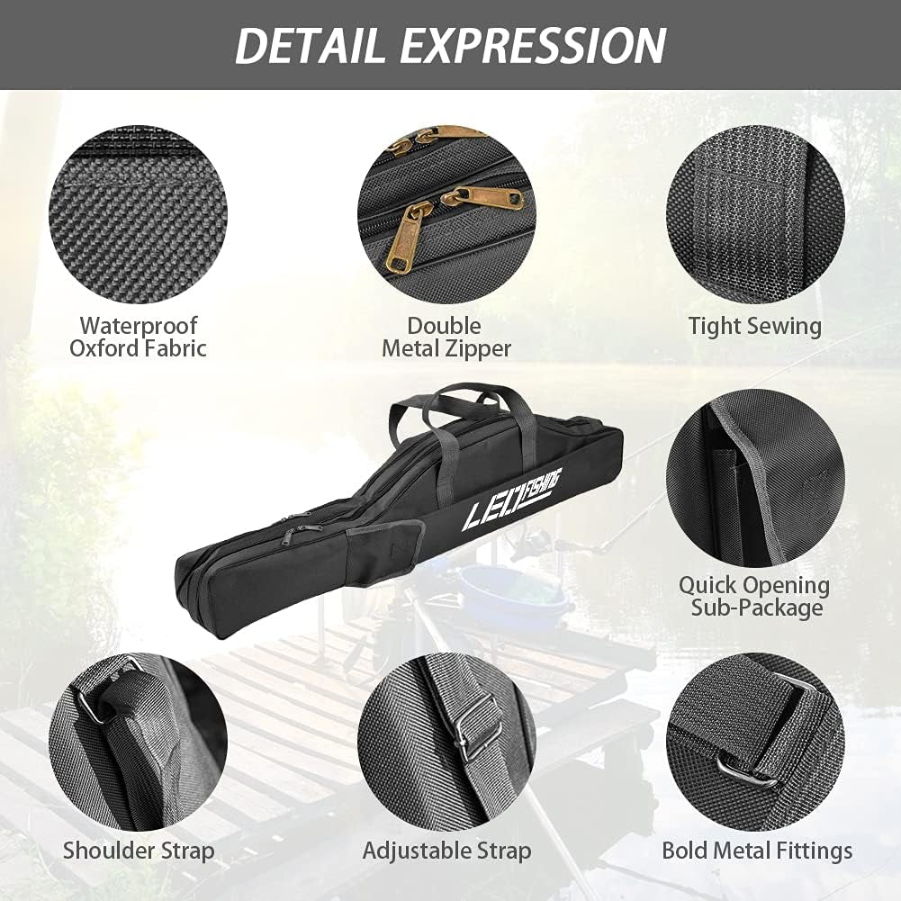 Jhua 59" Fishing Rod Case, Foldable Fishing Pole Case Bag, Waterproof Fishing Rod Reel Bag Organizer Fishing Travel Bag, Oxford Fly Fishing Tackle Storage Bag, Fishing Gifts for Men Dad
