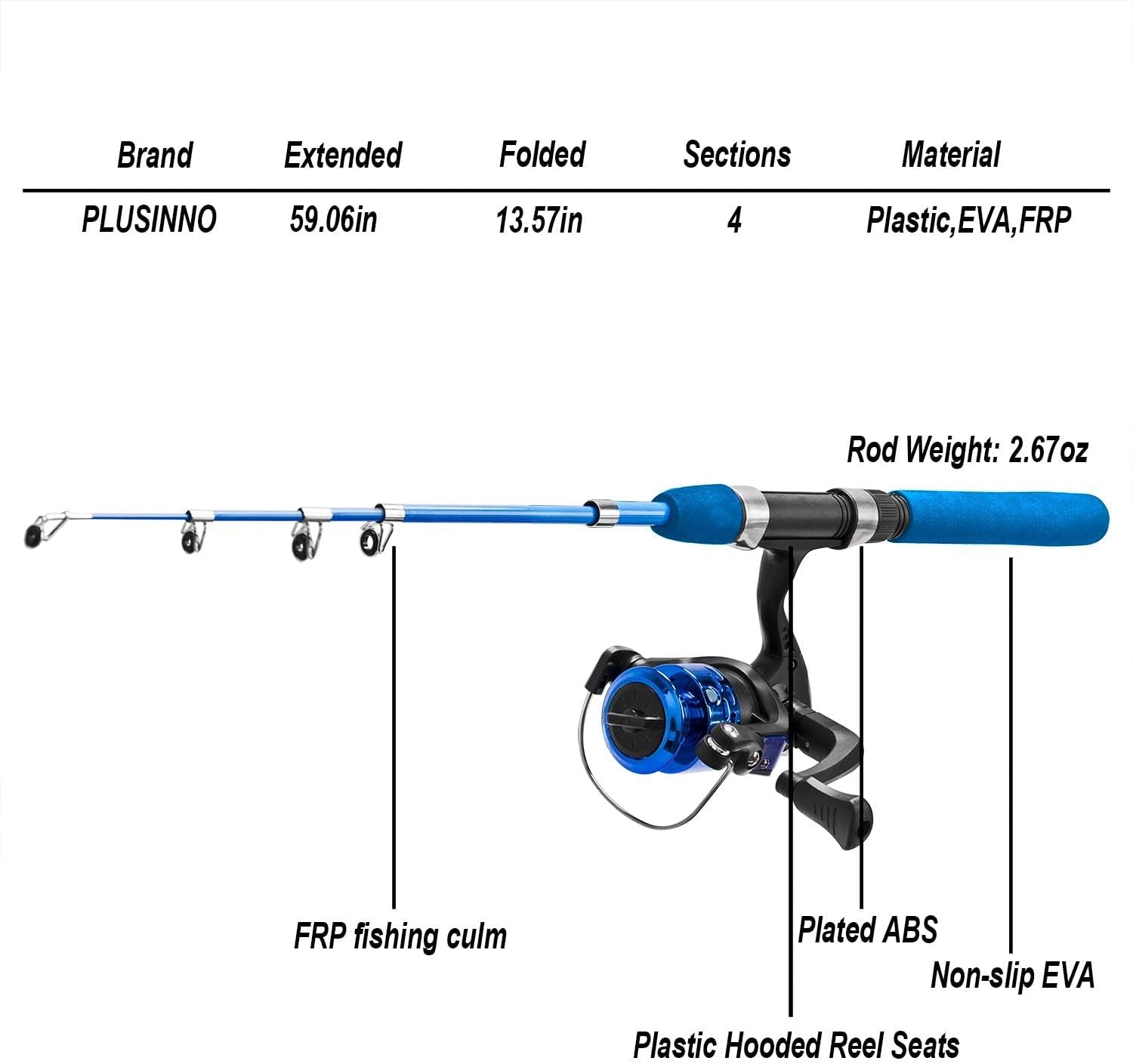 PLUSINNO Kids Fishing Pole,Light and Portable Telescopic Fishing Rod and Reel Combos for Youth Ice Fishing (Blue Handle with Bag, 150CM 59IN)