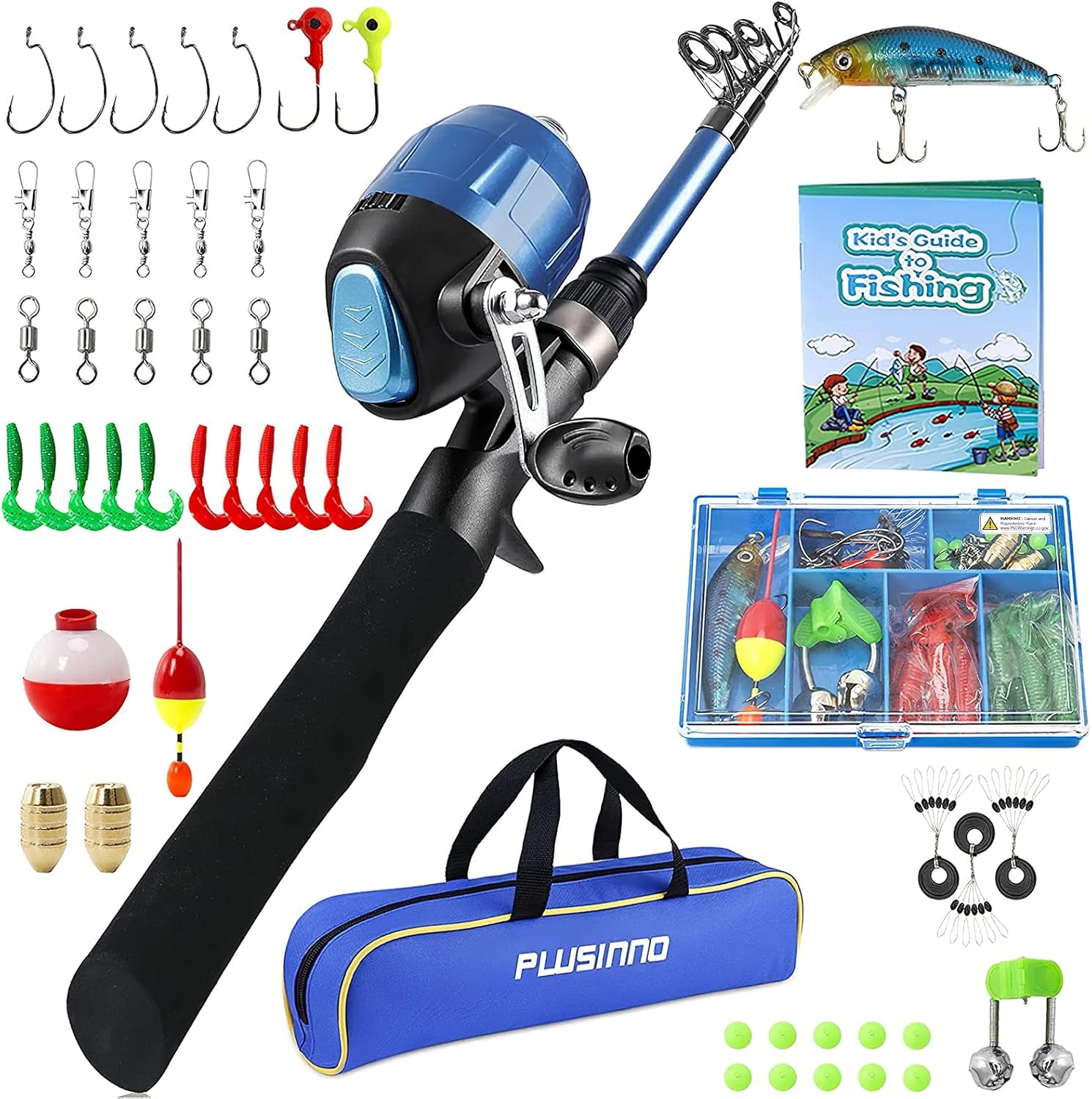 PLUSINNO Kids Fishing Pole with Spincast Reel Telescopic Fishing Rod Combo Full Kits for Boys, Girls, and Adults