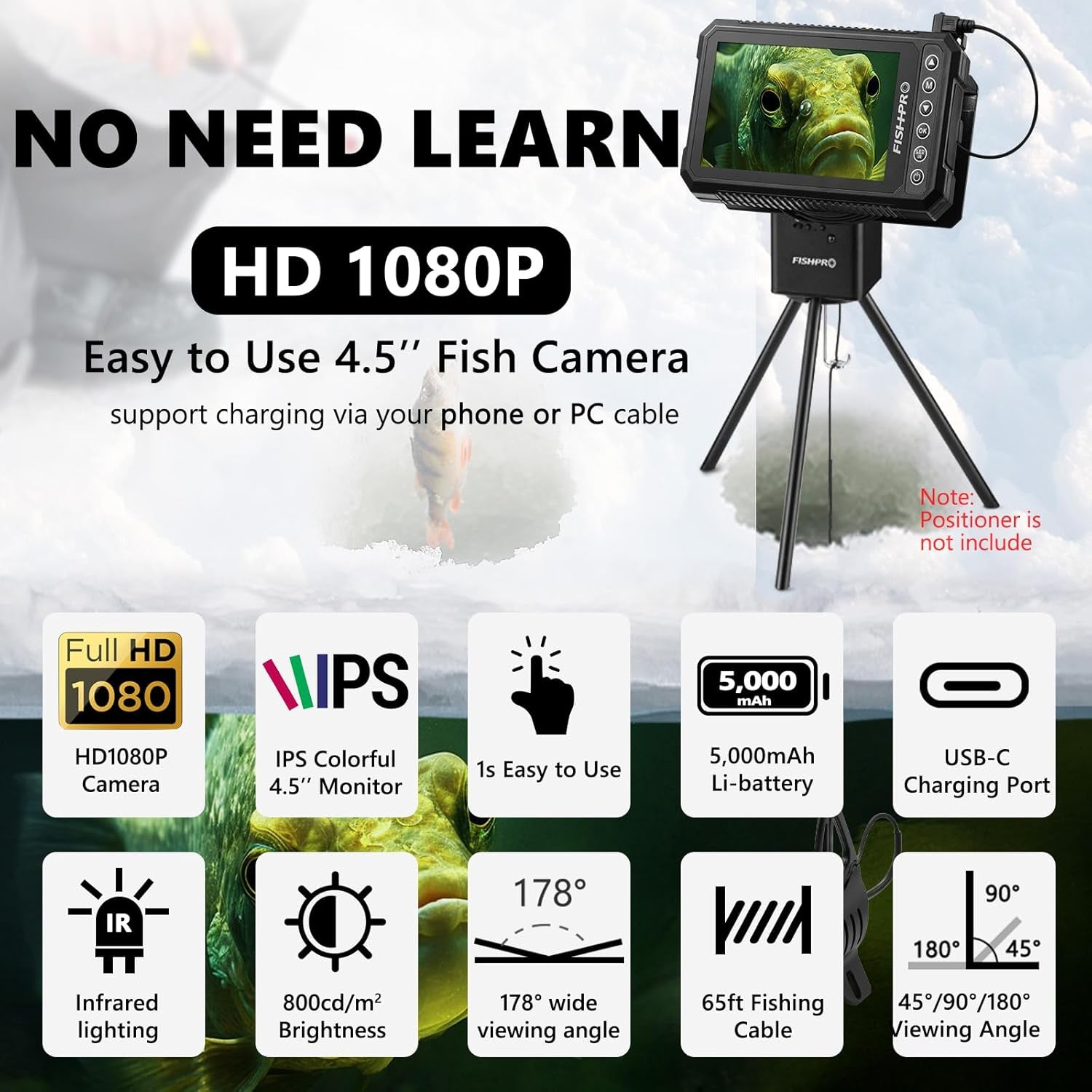 [Fishpro® 2026 Upgrade] 4.5'' True HD 1080P Underwater Fishing Camera (Plug & Play) - Ice Fishing Camera Underwater W/ 5,000Mah, USB-C, IR+LED, Fish Finder for Ice/Lake/Kayak, 20M/66Ft