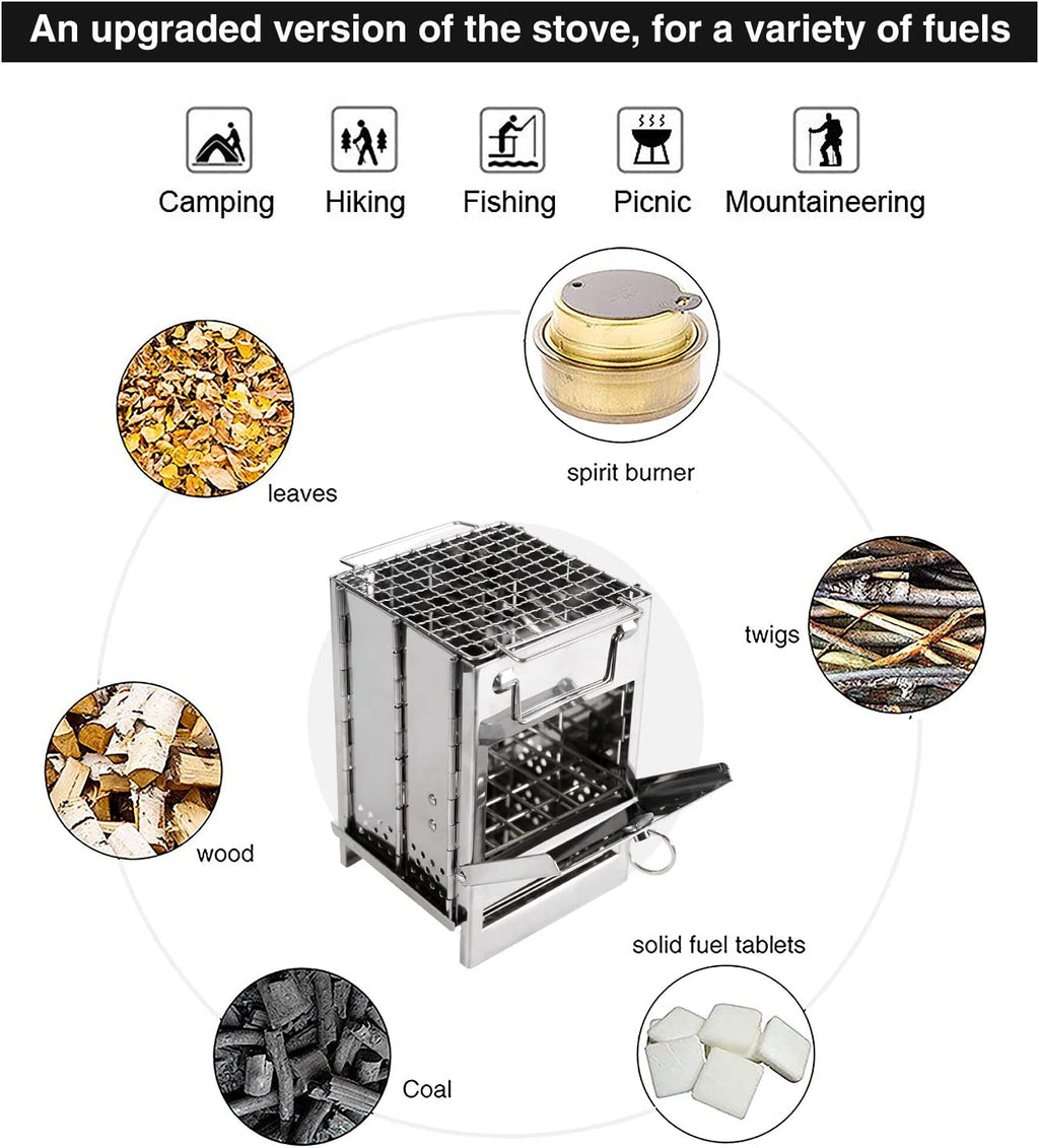 REDCAMP Wood Burning Folding Camp Stove Stainless Steel Grid, Portable Collapsible Backpacking Stove Survival Rocket Stove for Hiking Outdoor Tent Camping Picnic BBQ, Samll