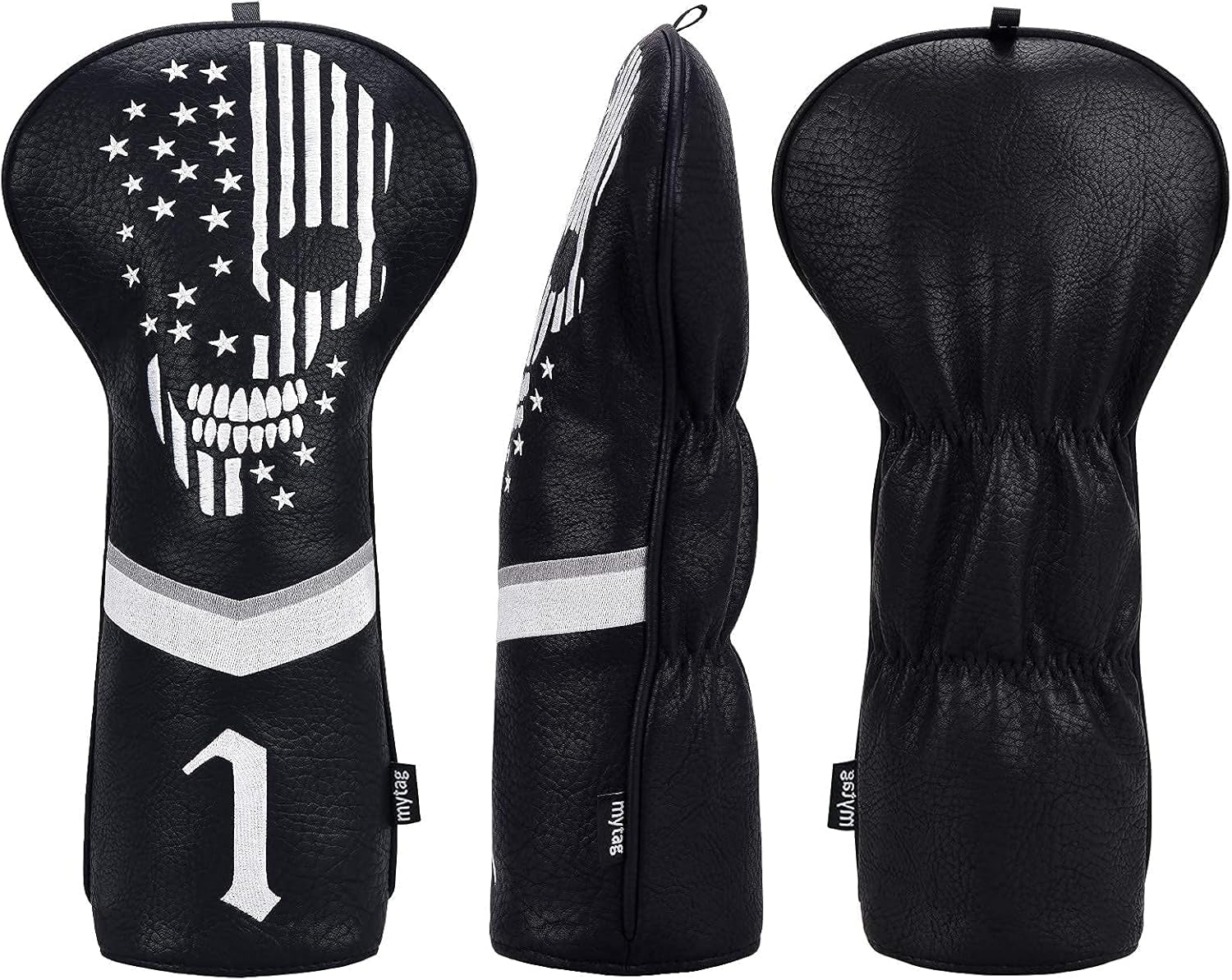 Mytag Golf Skull Skeleton Head Cover Golf Club Black Leather Headcovers Set Fits Driver Fairway Wood Hybrid Utility Putter Iron Wedge Headcover