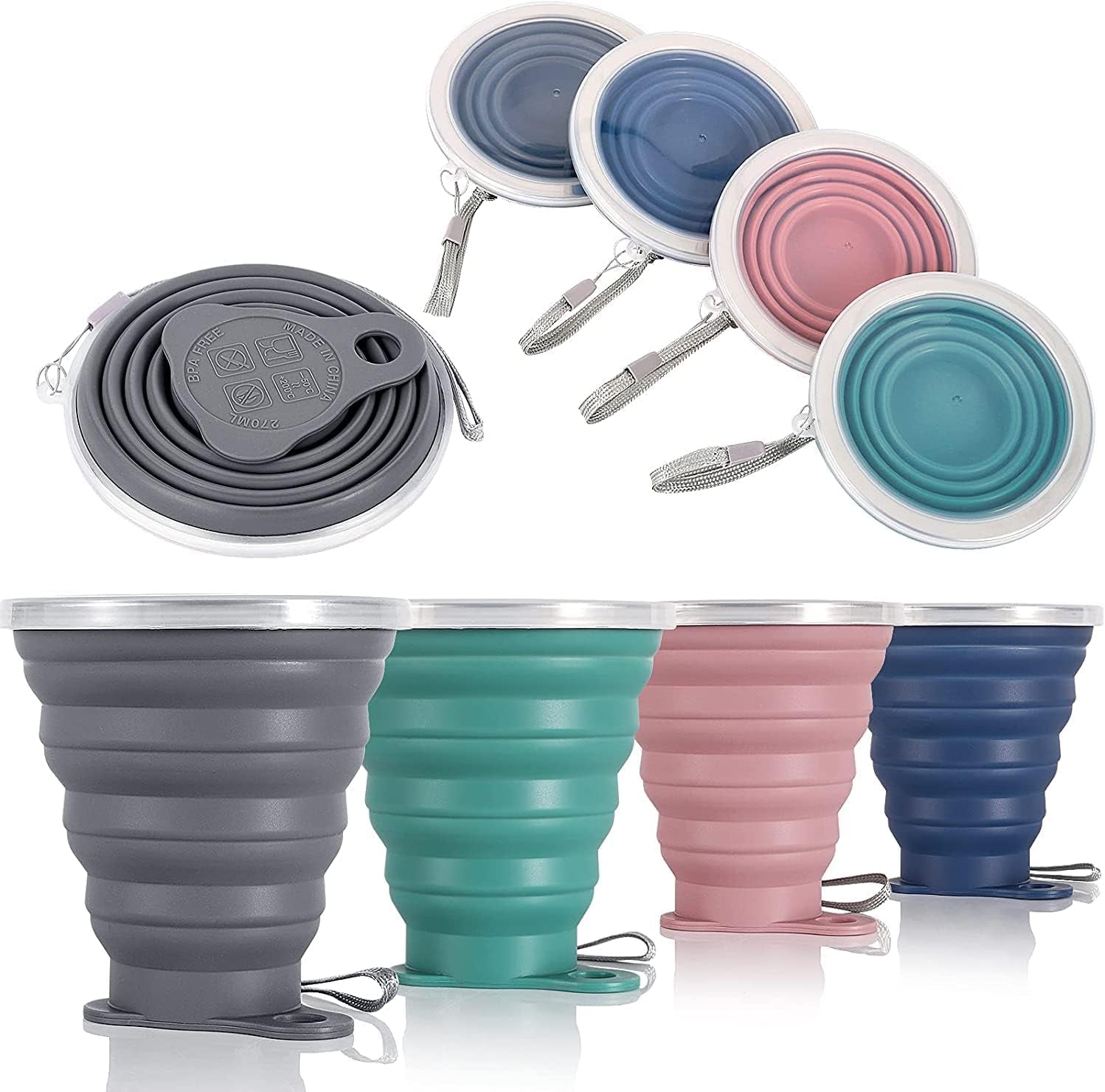 ME.FAN Silicone Collapsible Travel Cup - Silicone Folding Camping Cup with Lids - Expandable Drinking Cup Set - Portable, Graduated [9.22Oz]