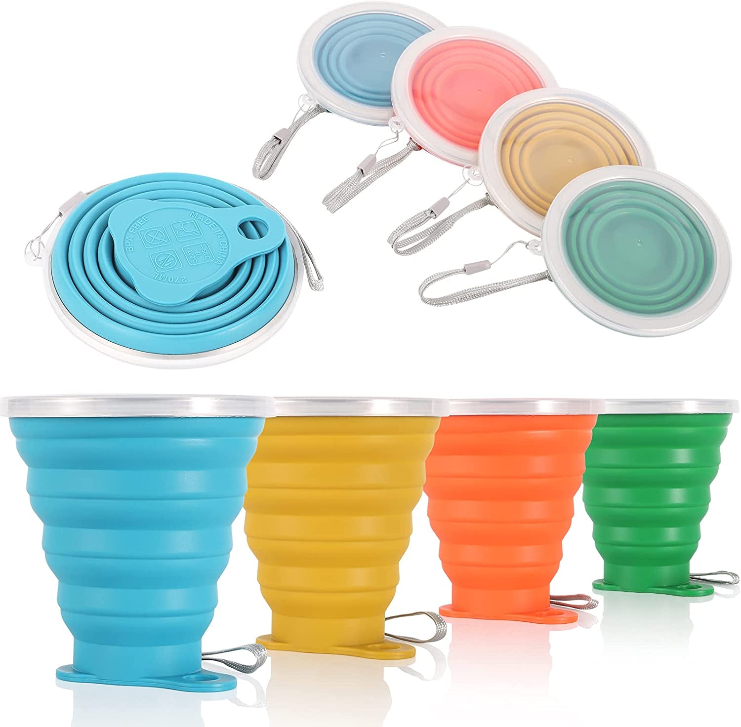 ME.FAN Silicone Collapsible Travel Cup - Silicone Folding Camping Cup with Lids - Expandable Drinking Cup Set - Portable, Graduated [9.22Oz]