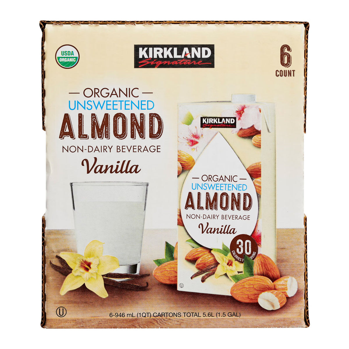 Kirkland Signature, Organic Almond Beverage, Vanilla, 32 Fl Oz, 6-Count