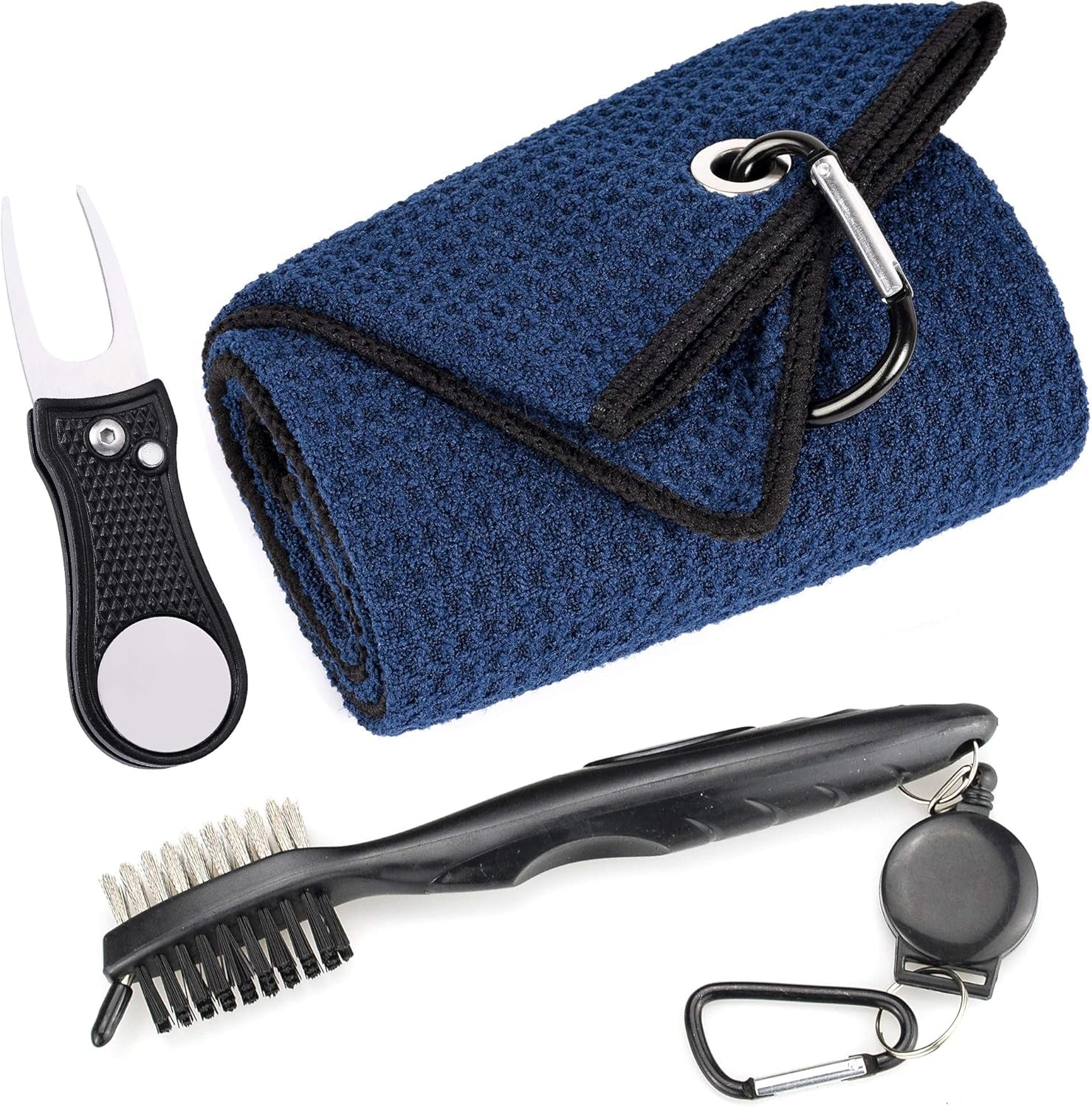 Mile High Life Microfiber Golf Towel with Waffle Pattern | Retractable Club Groove Cleaner Oversize Brush | Foldable Divot Tool with Magnetic Ball Marker | Golf Accessories for Men