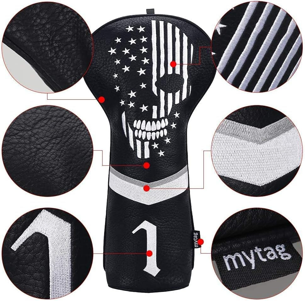 Mytag Golf Skull Skeleton Head Cover Golf Club Black Leather Headcovers Set Fits Driver Fairway Wood Hybrid Utility Putter Iron Wedge Headcover