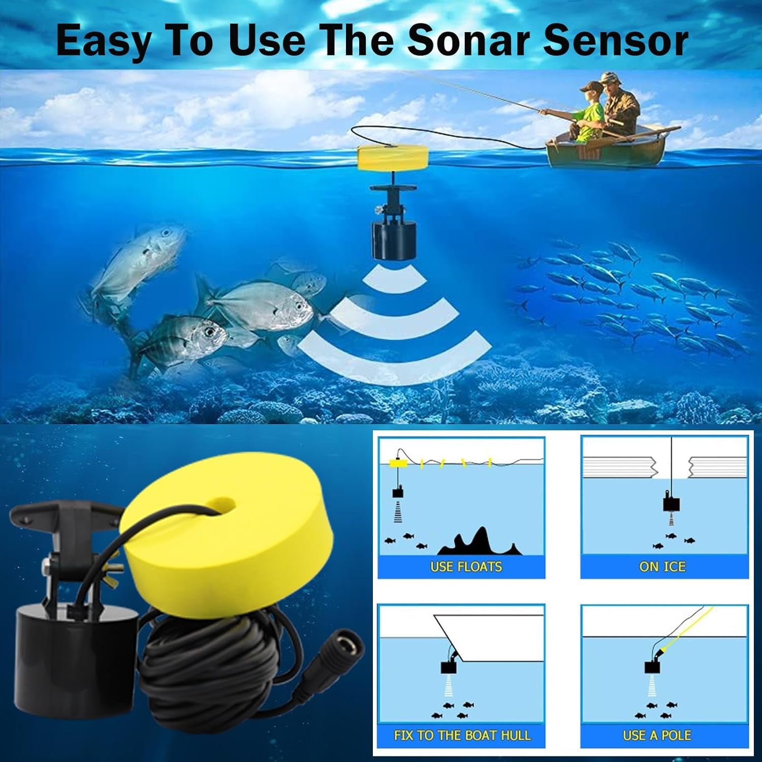 Kayak Portable Fish Finder - Handheld Wired Fish Depth Finder - Contour Readout Fishfinder Ice Shore Boat Fishing Fish Detector Device - with Sonar Sensor Transducer and LCD Display Gear