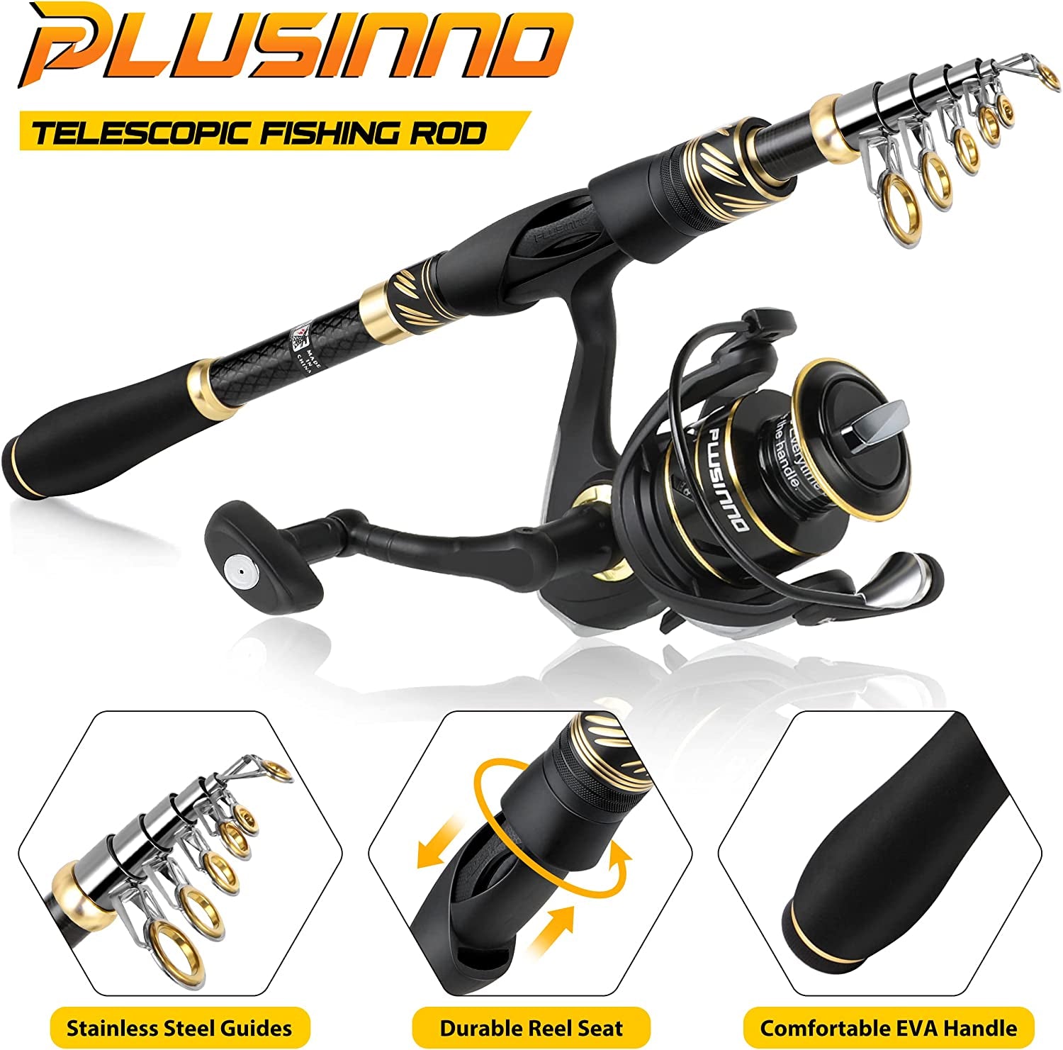 PLUSINNO Fishing Rod and Reel Combos Carbon Fiber Telescopic Fishing Pole with Spinning Reels Sea Saltwater Freshwater Kit Fishing Rod Kit