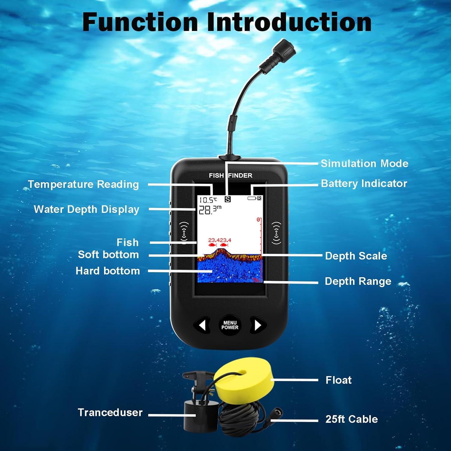 Kayak Portable Fish Finder - Handheld Wired Fish Depth Finder - Contour Readout Fishfinder Ice Shore Boat Fishing Fish Detector Device - with Sonar Sensor Transducer and LCD Display Gear
