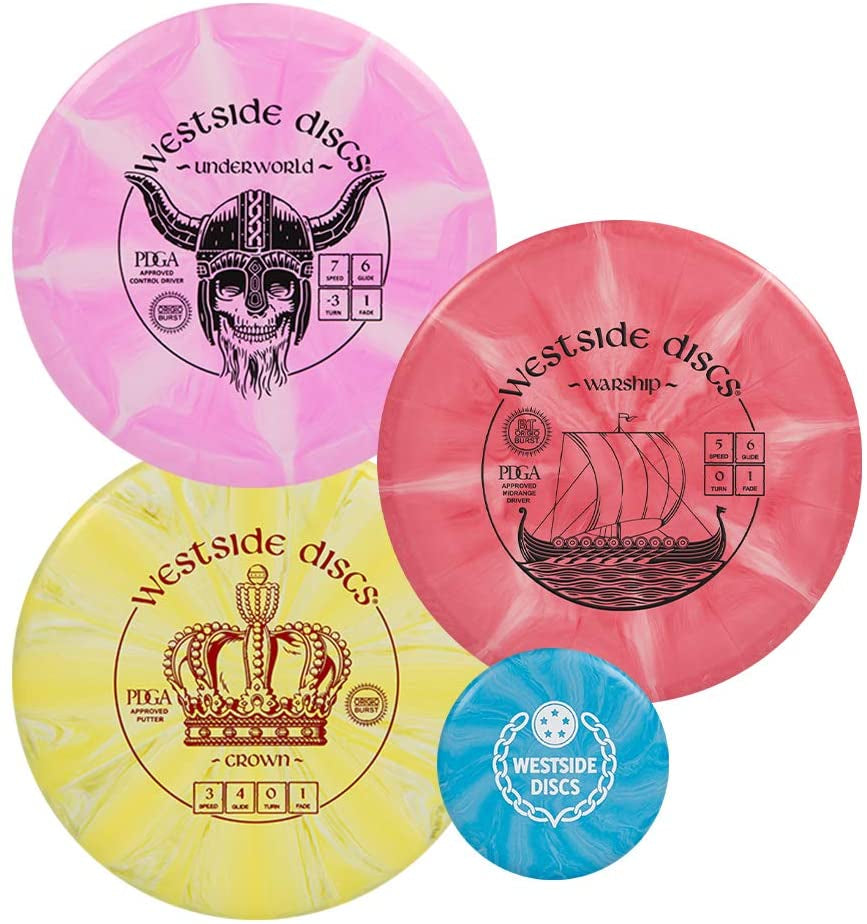 Westside Discs Origio Burst 3-Disc Golf Starter Set - Ideal All-In-One Disc Golf Set for Men - 1X Fairway Driver, 1X Midrange & 1X Putter Discs - Mini Marker Included - Colors Will Vary