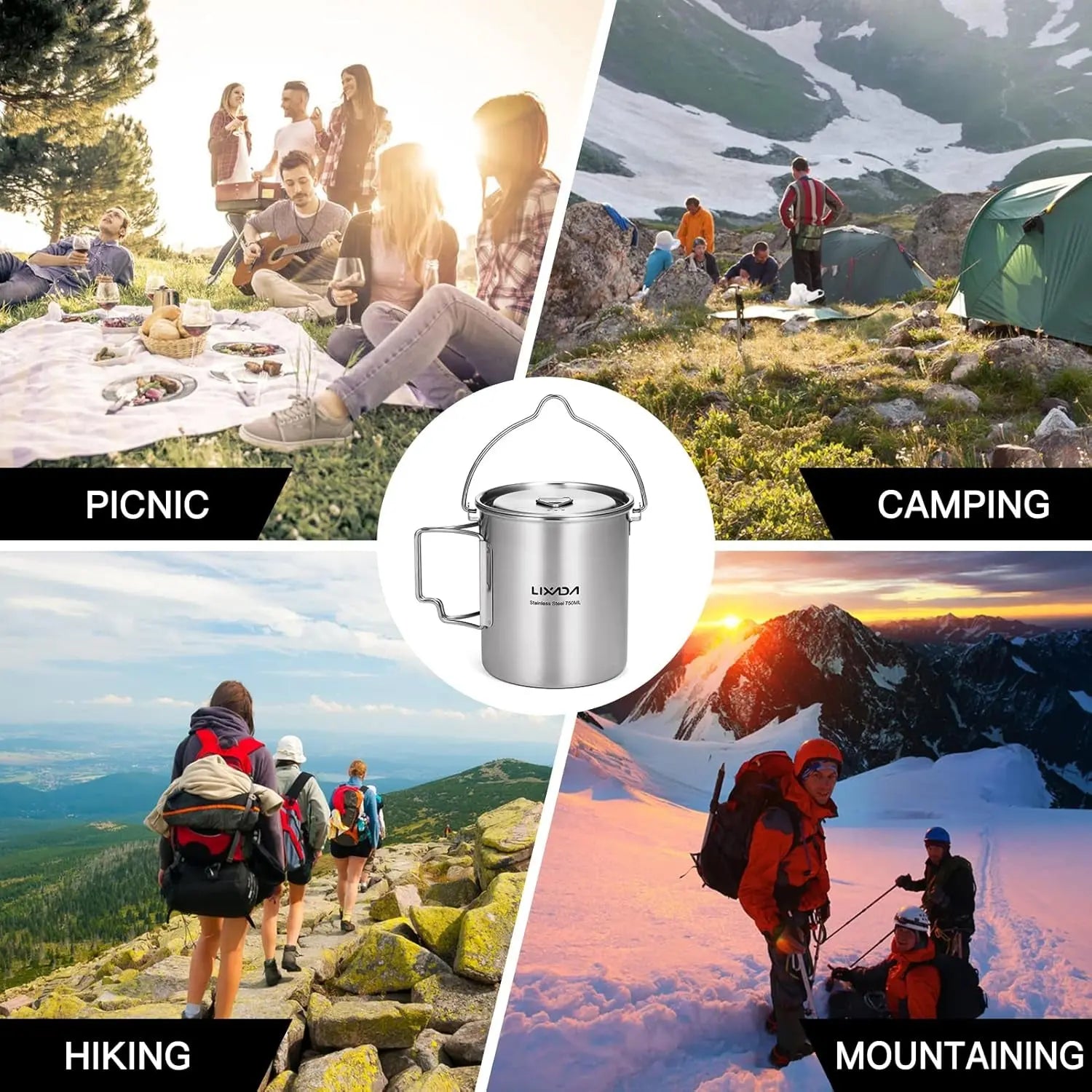 LIXADA Camping Cup Pot,750Ml Stainless Steel Water Cup Mug with Foldable Handles and Lid for Outdoor Camping Hiking Backpacking