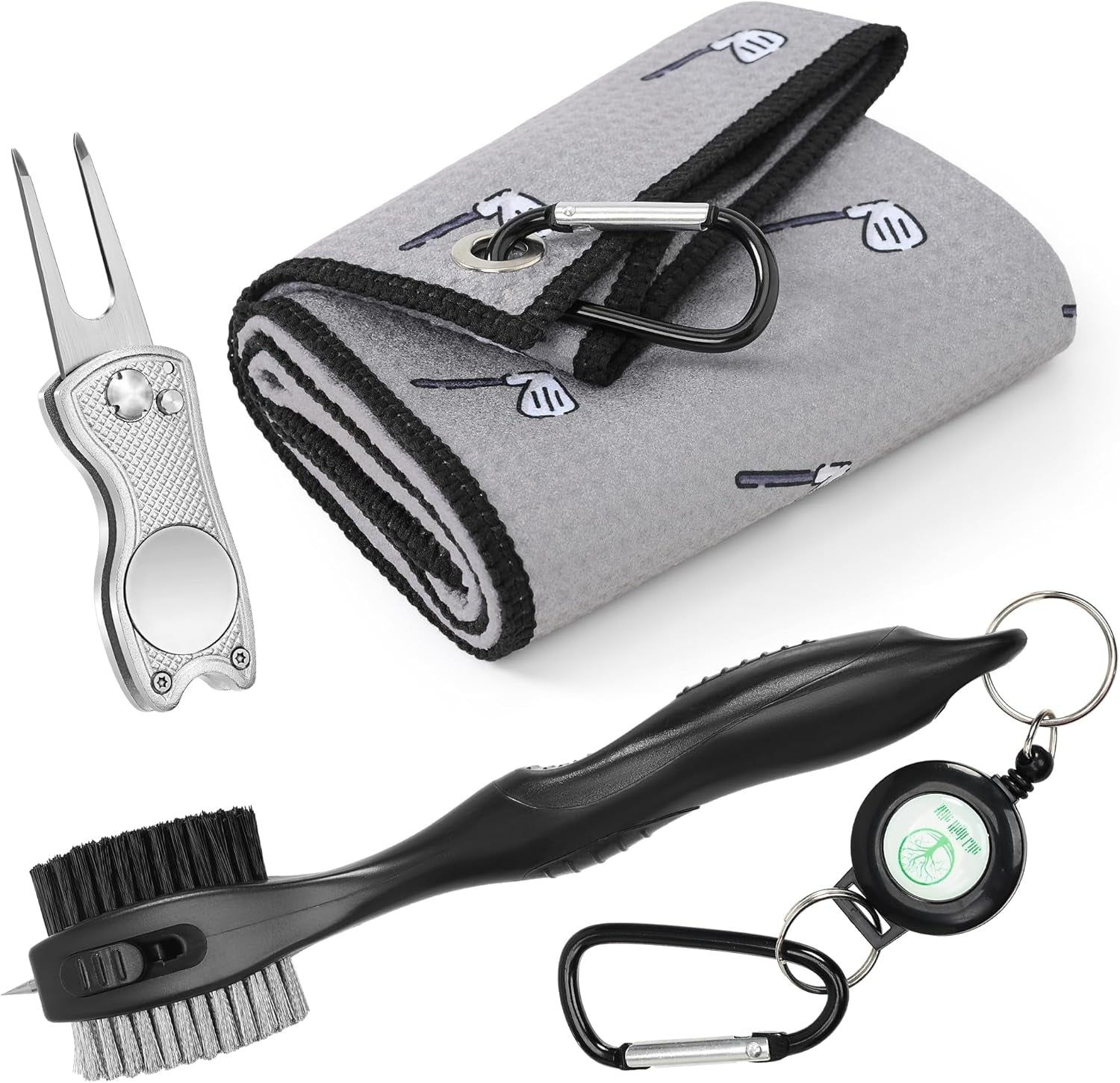 Mile High Life Microfiber Golf Towel with Waffle Pattern | Retractable Club Groove Cleaner Oversize Brush | Foldable Divot Tool with Magnetic Ball Marker | Golf Accessories for Men