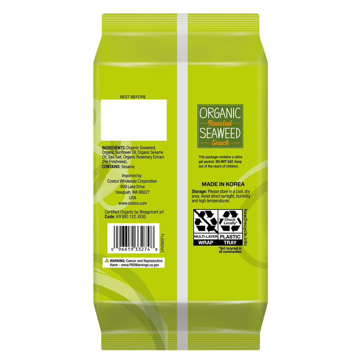 Kirkland Signature Organic Roasted Seaweed, 0.6 Oz, 10-Count