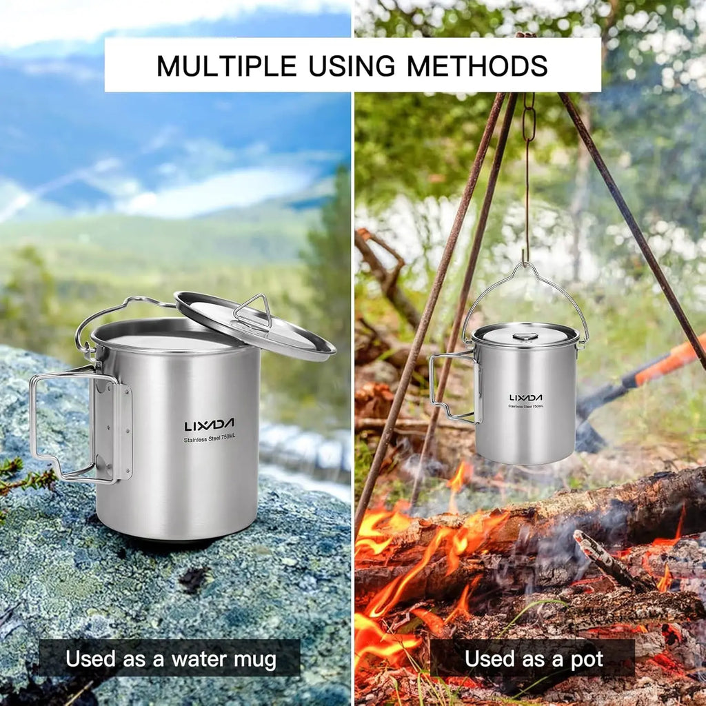 LIXADA Camping Cup Pot,750Ml Stainless Steel Water Cup Mug with Foldable Handles and Lid for Outdoor Camping Hiking Backpacking