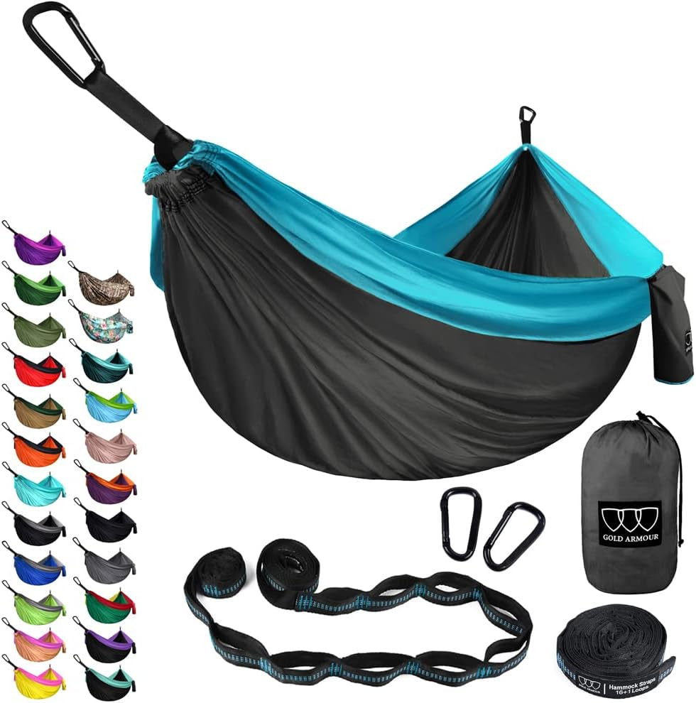 Gold Armour Camping Hammock - XL Double Hammock Portable Hammock Camping Accessories Gear for Outdoor Indoor with Tree Straps, USA Based Brand (Hawaii Blue)