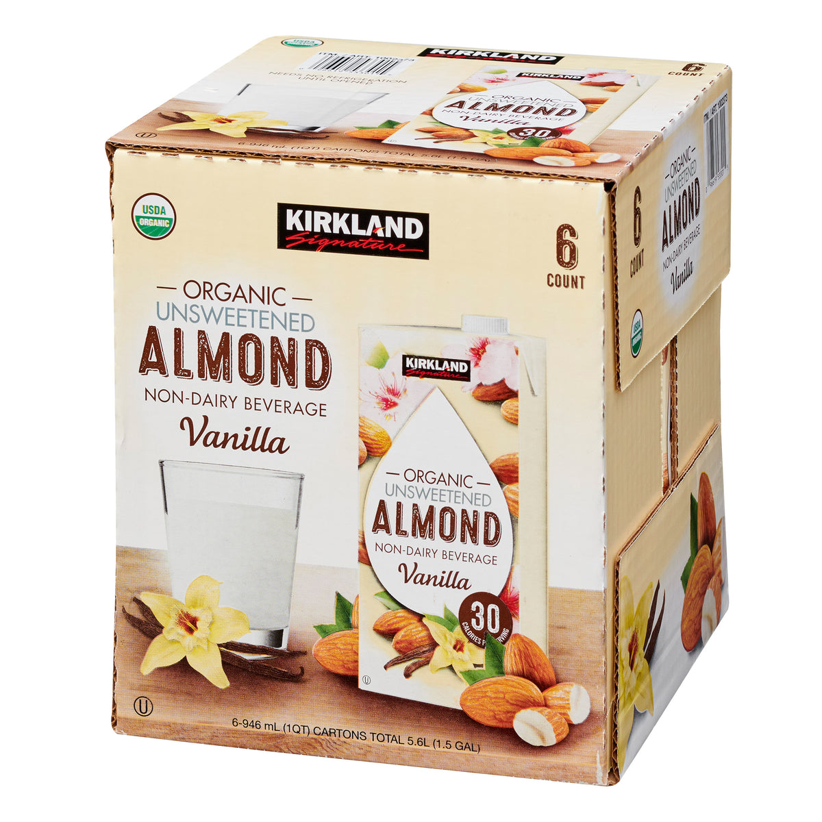 Kirkland Signature, Organic Almond Beverage, Vanilla, 32 Fl Oz, 6-Count