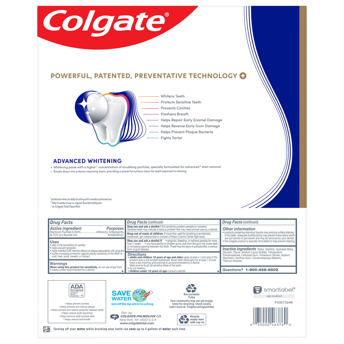 Colgate Total Active Prevention plus Advanced Whitening Toothpaste, 6.4 Oz, 5-Pack