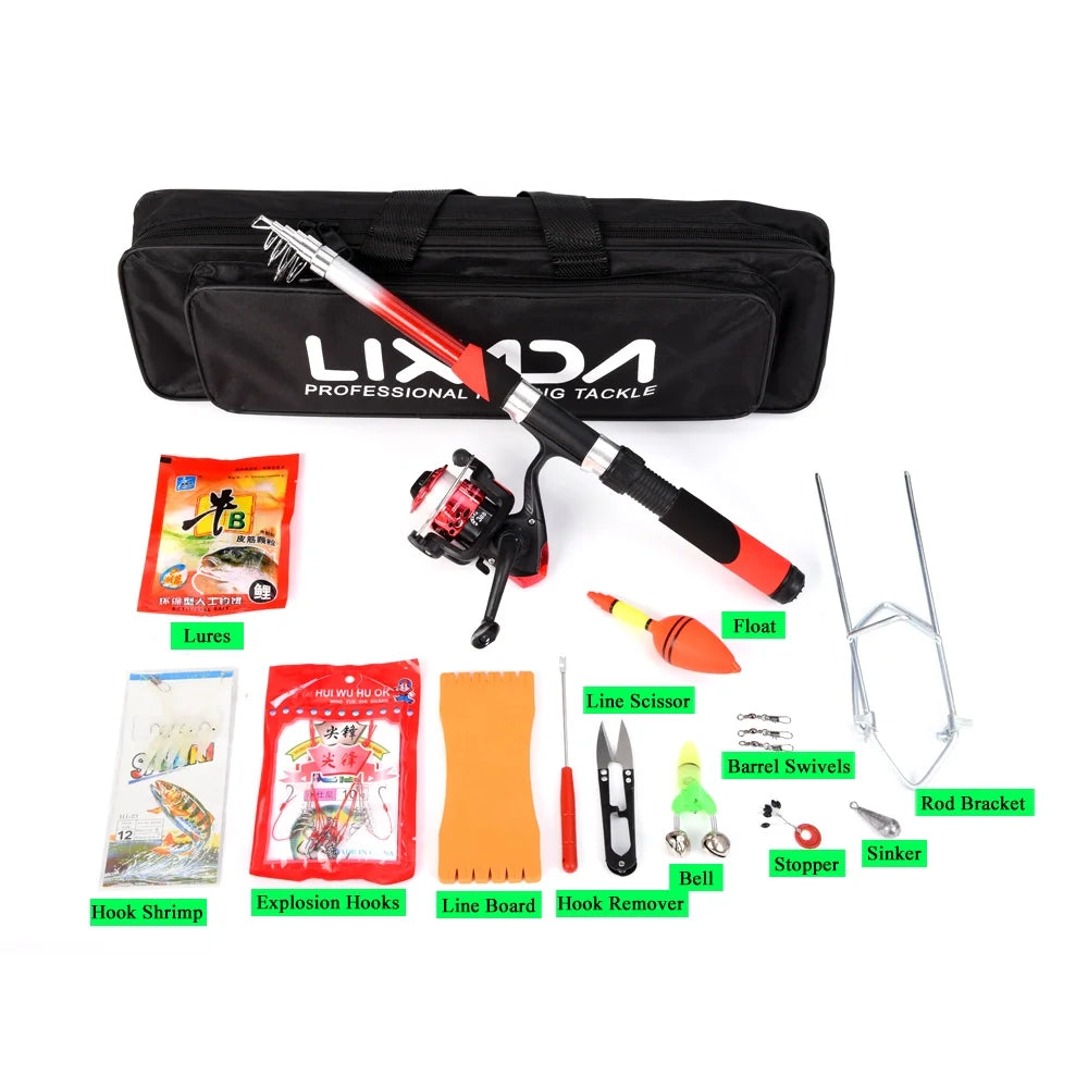Fishing Rod Reel Combo Full Kit with 2PCS 2.1M Telescopic Fishing Rods 2PCS Spinning Reels Fishing Lures Hooks Accessories Fishing Bag