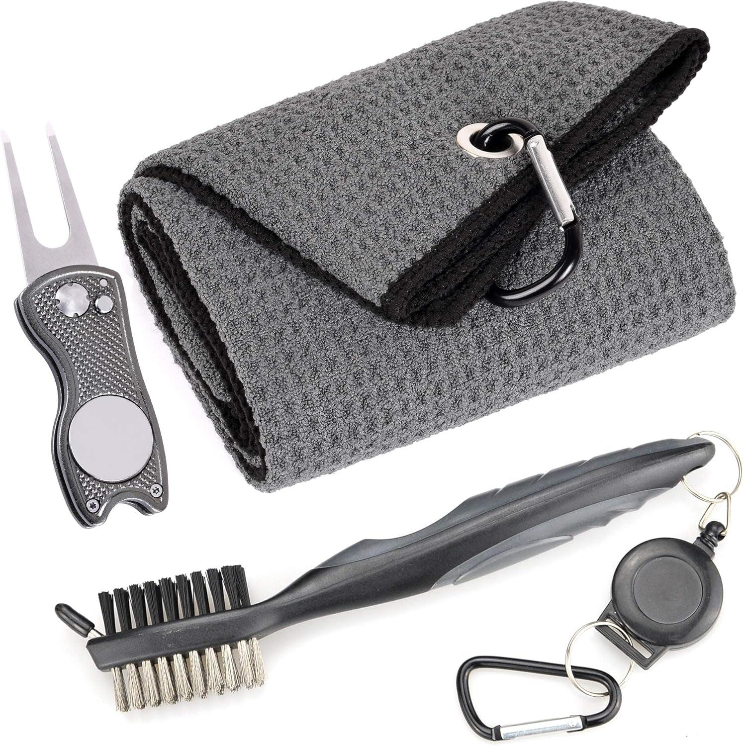 Mile High Life Microfiber Golf Towel with Waffle Pattern | Retractable Club Groove Cleaner Oversize Brush | Foldable Divot Tool with Magnetic Ball Marker | Golf Accessories for Men