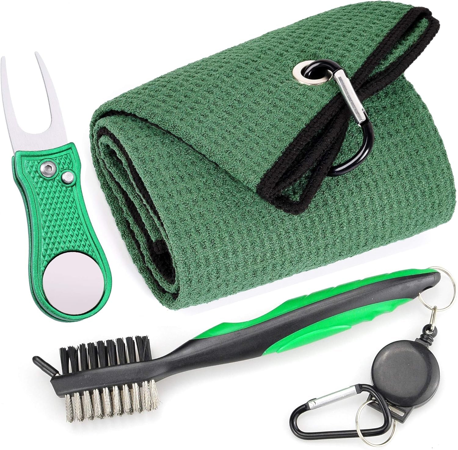 Mile High Life Microfiber Golf Towel with Waffle Pattern | Retractable Club Groove Cleaner Oversize Brush | Foldable Divot Tool with Magnetic Ball Marker | Golf Accessories for Men