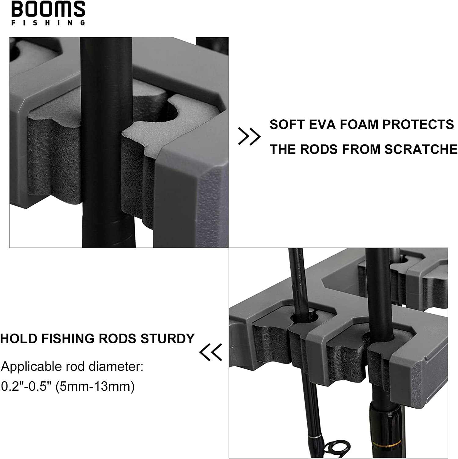 Booms Fishing Rod Holder for Garage: Wall Mount Fishing Pole Holders for Garage | Fishing Rod Rack Holds up to 10 Rods, Vertical/Horizontal/Ceiling Fishing Pole Racks, WV4 Black