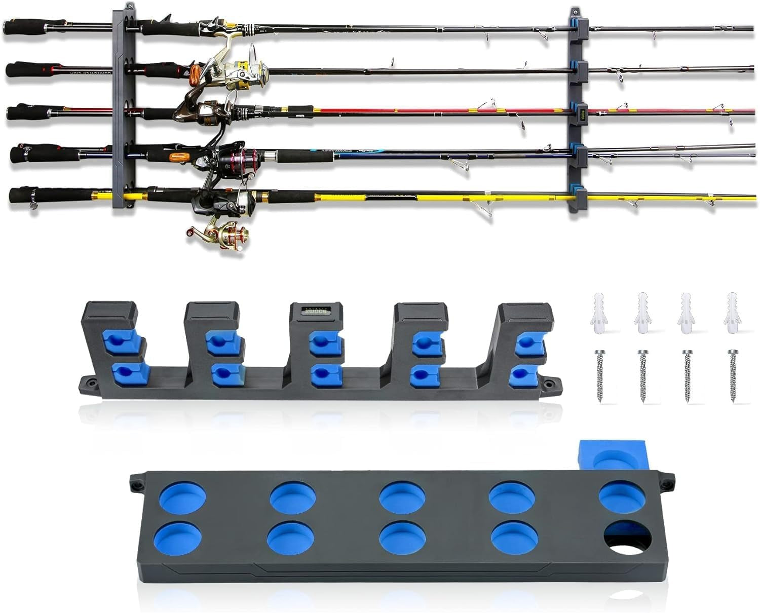 Booms Fishing Rod Holder for Garage: Wall Mount Fishing Pole Holders for Garage | Fishing Rod Rack Holds up to 10 Rods, Vertical/Horizontal/Ceiling Fishing Pole Racks, WV4 Black