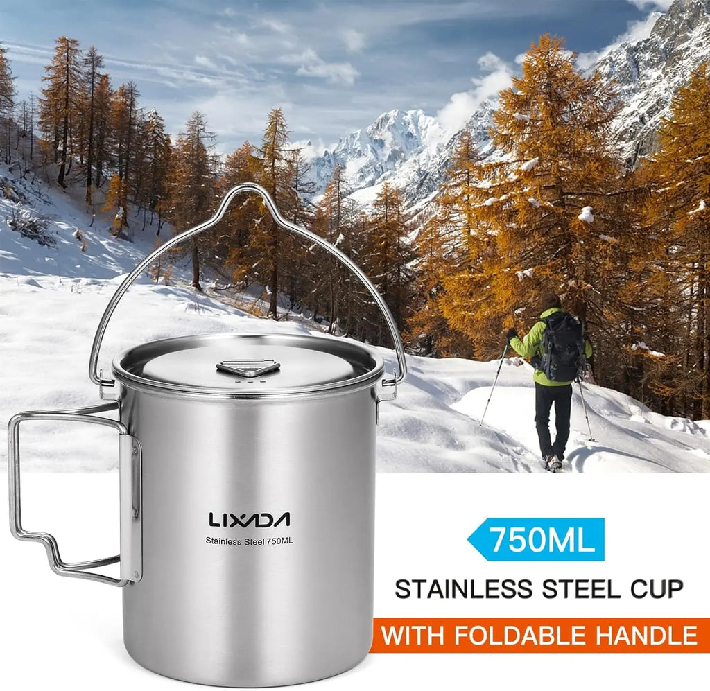 LIXADA Camping Cup Pot,750Ml Stainless Steel Water Cup Mug with Foldable Handles and Lid for Outdoor Camping Hiking Backpacking