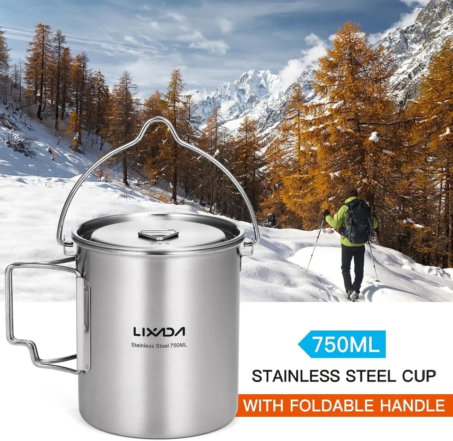 LIXADA Camping Cup Pot,750Ml Stainless Steel Water Cup Mug with Foldable Handles and Lid for Outdoor Camping Hiking Backpacking