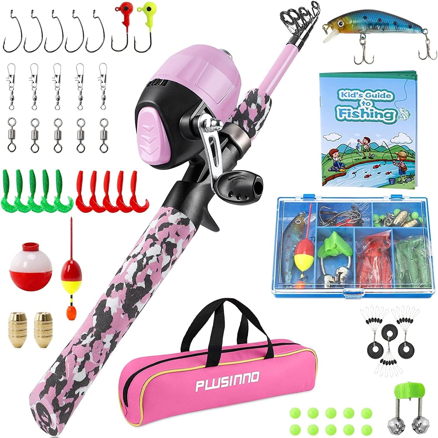PLUSINNO Kids Fishing Pole with Spincast Reel Telescopic Fishing Rod Combo Full Kits for Boys, Girls, and Adults