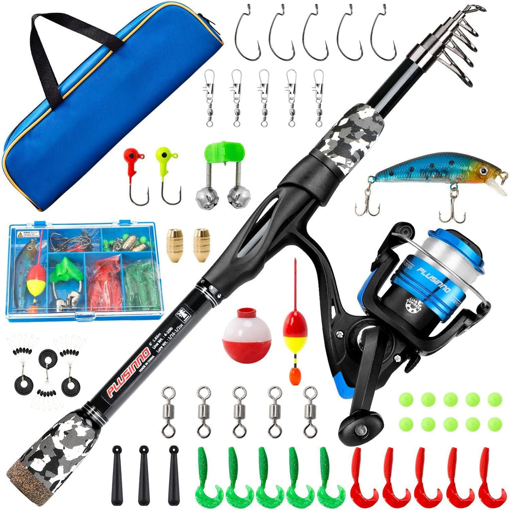 PLUSINNO Kids Fishing Pole, Portable Telescopic Fishing Rod and Reel Combo Kit - with Spinning Fishing Reel Tackle Box for Boys, Girls, Youth