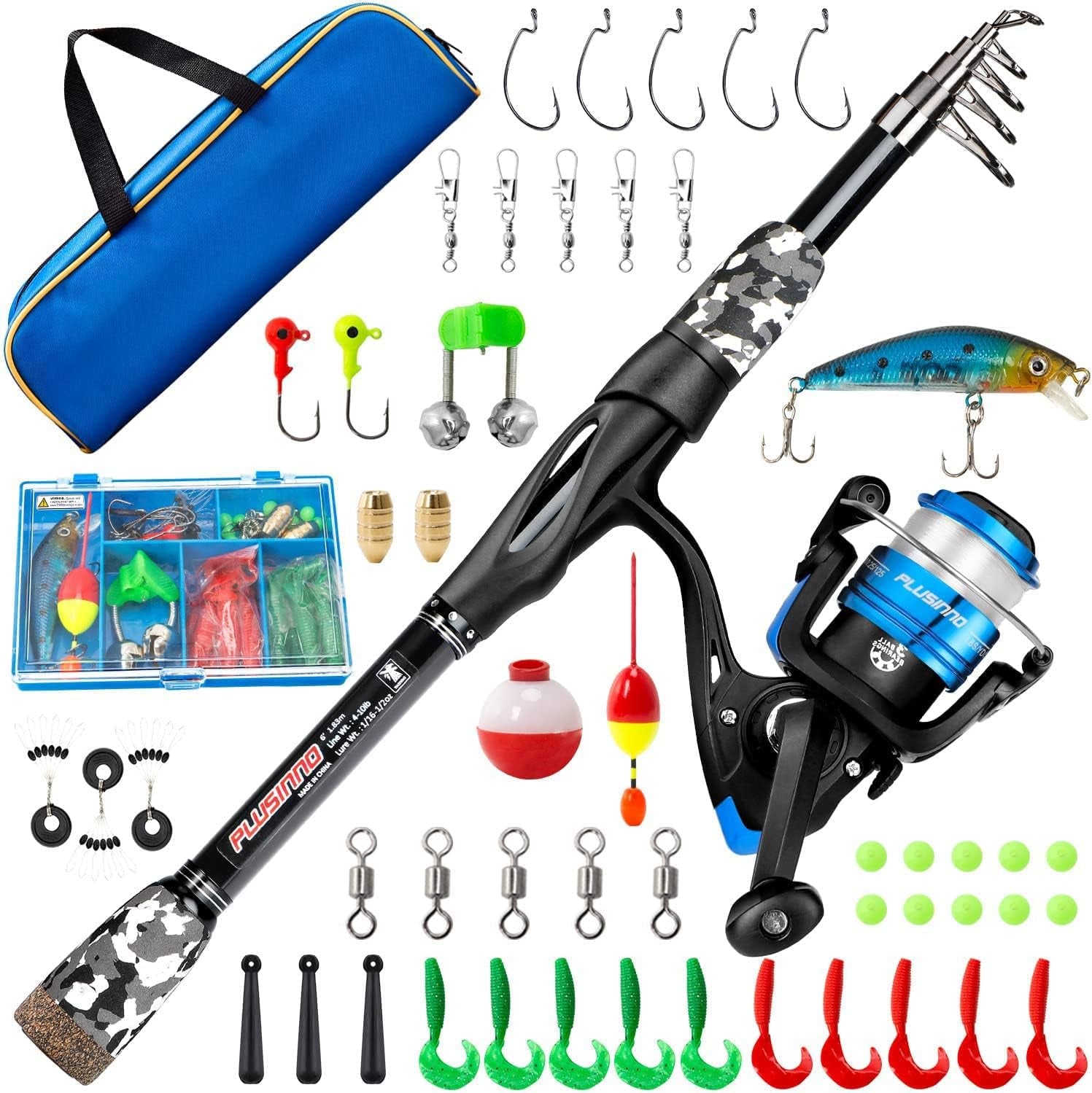 PLUSINNO Kids Fishing Pole, Portable Telescopic Fishing Rod and Reel Combo Kit - with Spinning Fishing Reel Tackle Box for Boys, Girls, Youth