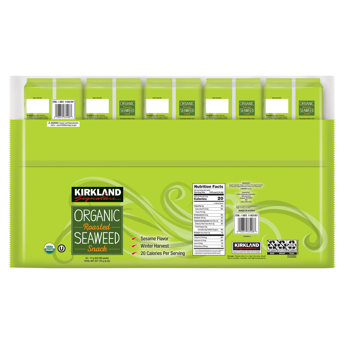 Kirkland Signature Organic Roasted Seaweed, 0.6 Oz, 10-Count