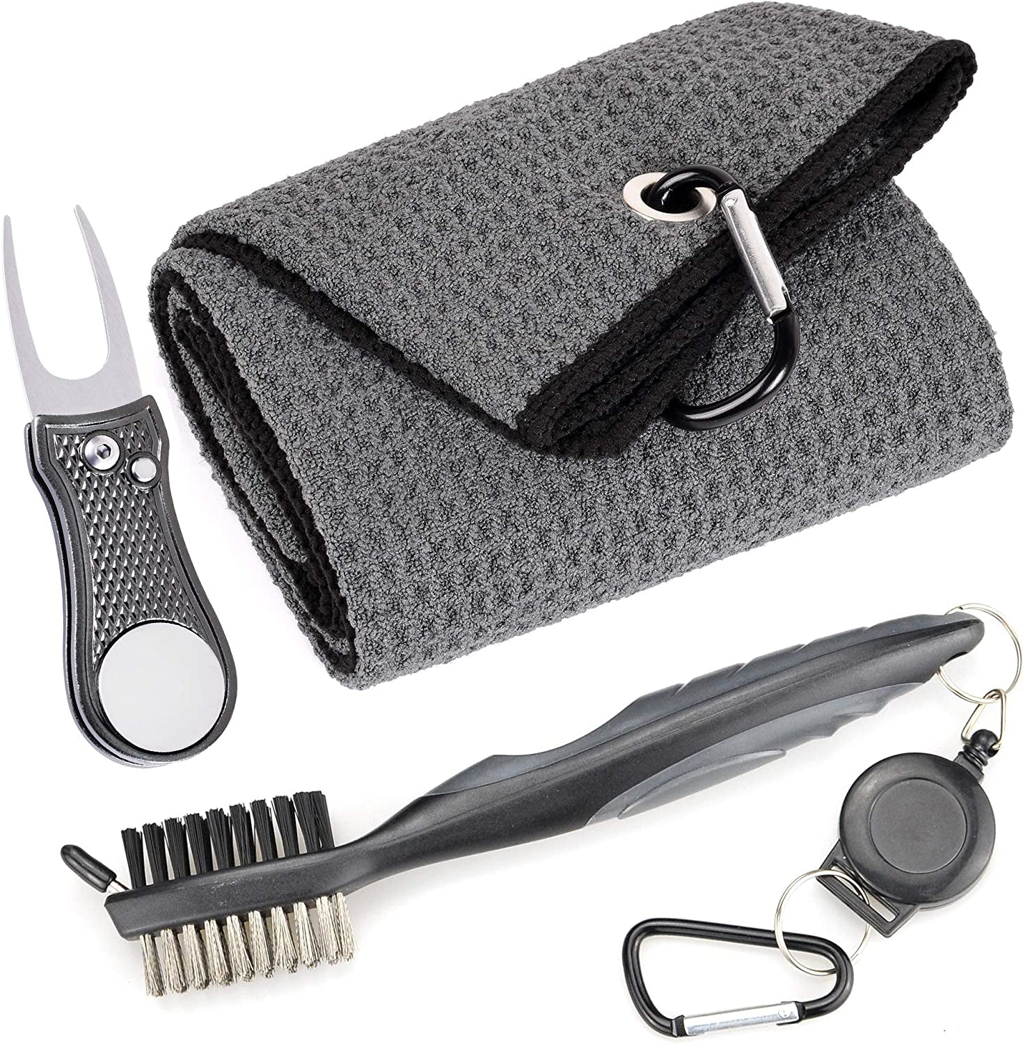Mile High Life Microfiber Golf Towel with Waffle Pattern | Retractable Club Groove Cleaner Oversize Brush | Foldable Divot Tool with Magnetic Ball Marker | Golf Accessories for Men