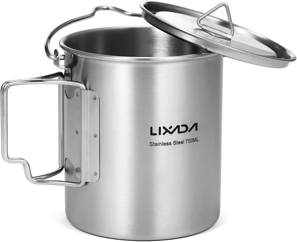 LIXADA Camping Cup Pot,750Ml Stainless Steel Water Cup Mug with Foldable Handles and Lid for Outdoor Camping Hiking Backpacking