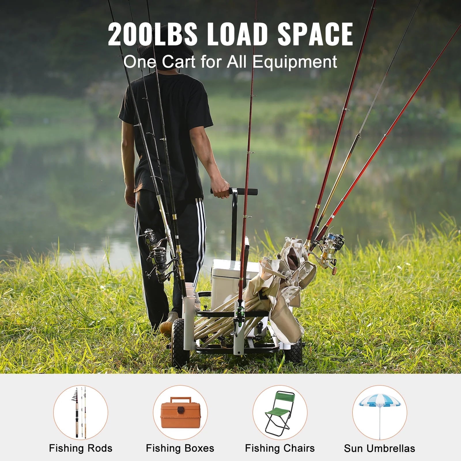 Beach Fishing Cart Fishing Trolley 200 Lbs with Balloon Tires for Sand