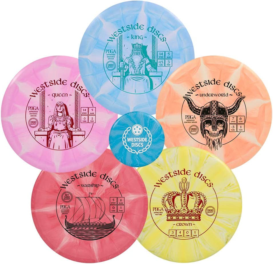 Westside Discs Origio Burst 3-Disc Golf Starter Set - Ideal All-In-One Disc Golf Set for Men - 1X Fairway Driver, 1X Midrange & 1X Putter Discs - Mini Marker Included - Colors Will Vary