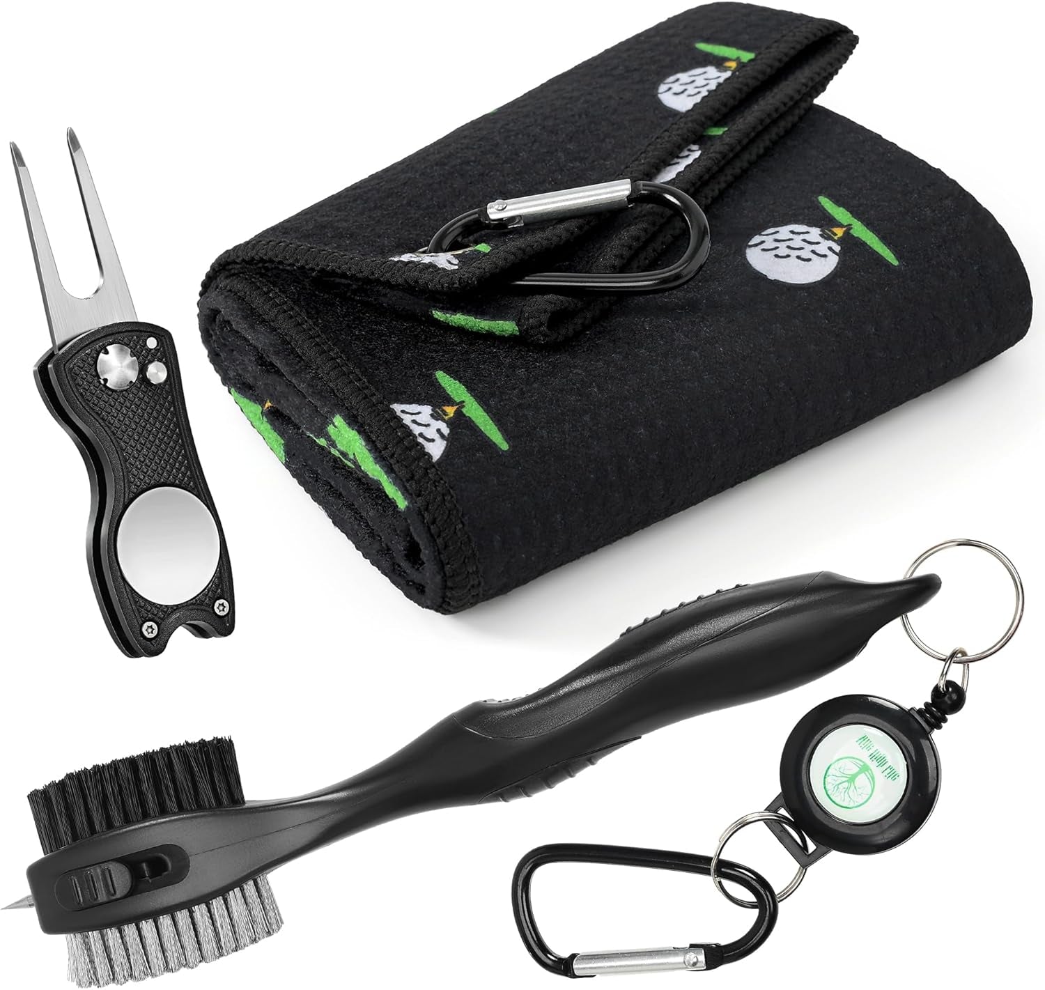 Mile High Life Microfiber Golf Towel with Waffle Pattern | Retractable Club Groove Cleaner Oversize Brush | Foldable Divot Tool with Magnetic Ball Marker | Golf Accessories for Men