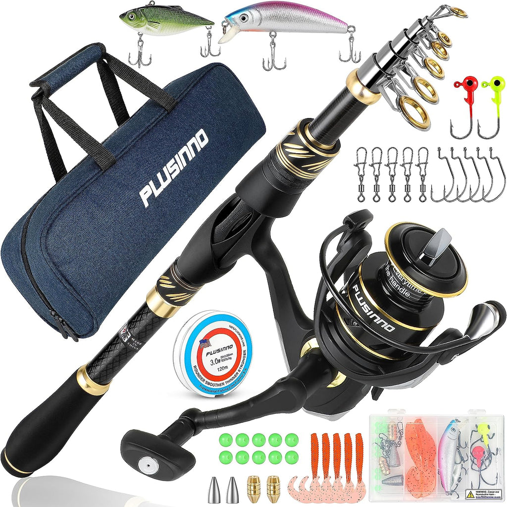 PLUSINNO Fishing Rod and Reel Combos Carbon Fiber Telescopic Fishing Pole with Spinning Reels Sea Saltwater Freshwater Kit Fishing Rod Kit