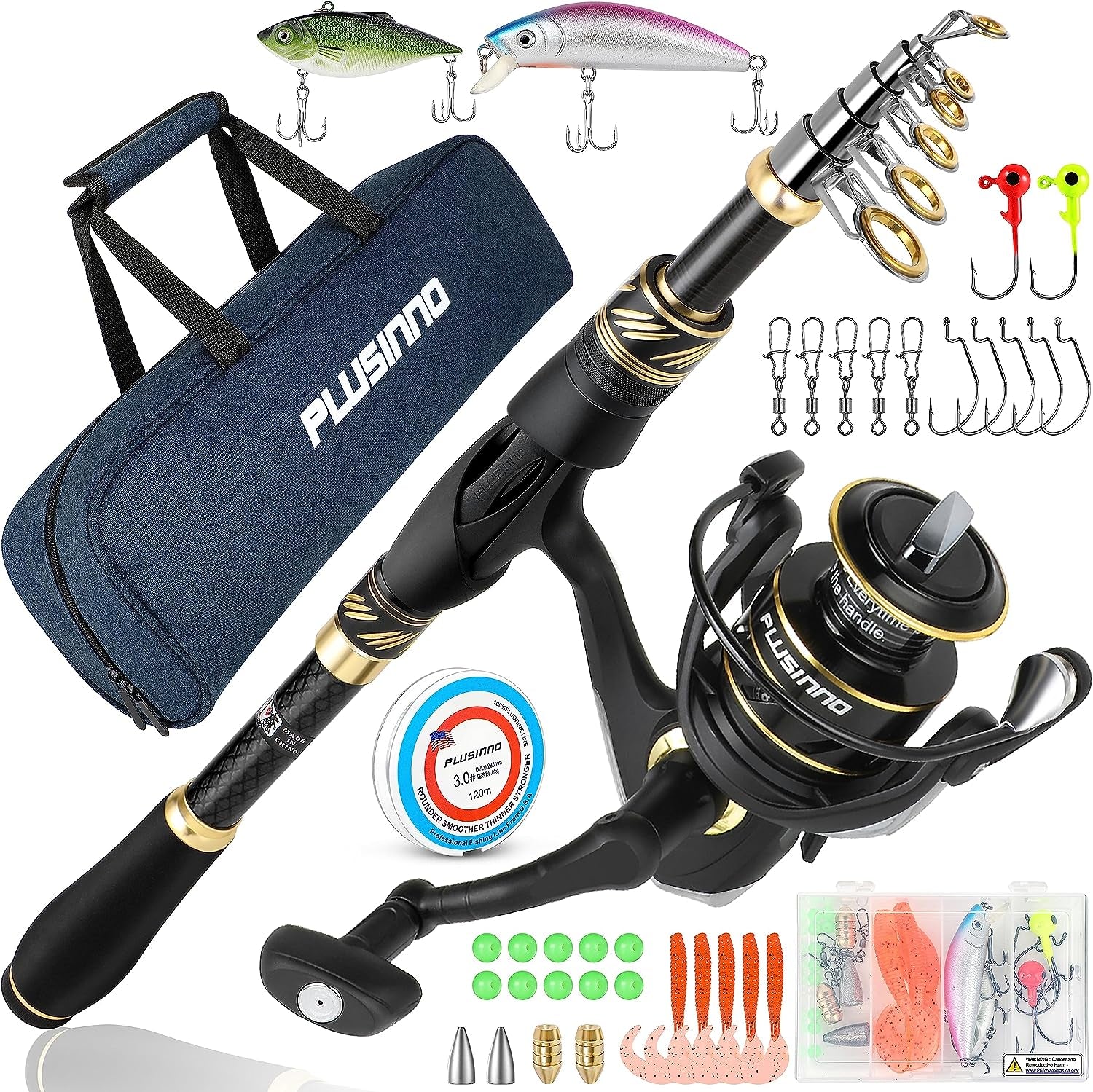 PLUSINNO Fishing Rod and Reel Combos Carbon Fiber Telescopic Fishing Pole with Spinning Reels Sea Saltwater Freshwater Kit Fishing Rod Kit