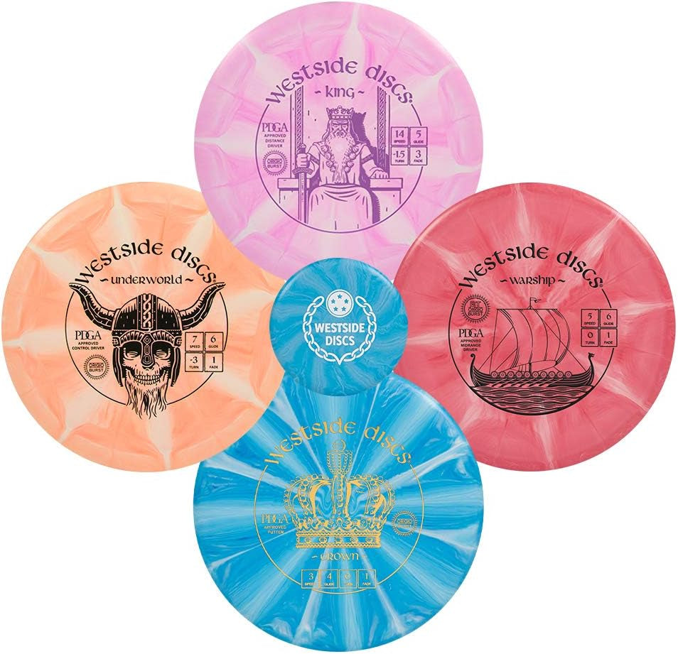 Westside Discs Origio Burst 3-Disc Golf Starter Set - Ideal All-In-One Disc Golf Set for Men - 1X Fairway Driver, 1X Midrange & 1X Putter Discs - Mini Marker Included - Colors Will Vary