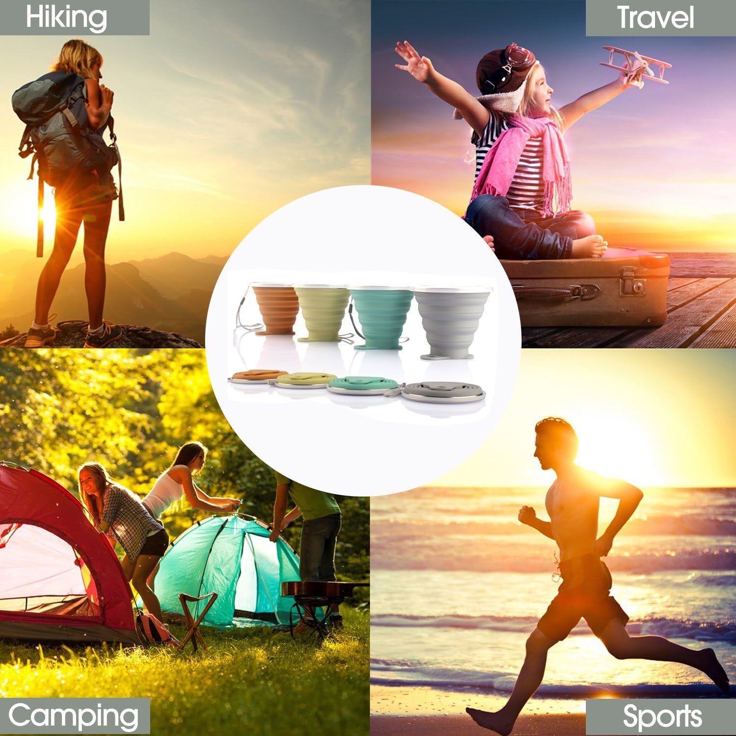 ME.FAN Silicone Collapsible Travel Cup - Silicone Folding Camping Cup with Lids - Expandable Drinking Cup Set - Portable, Graduated [9.22Oz]