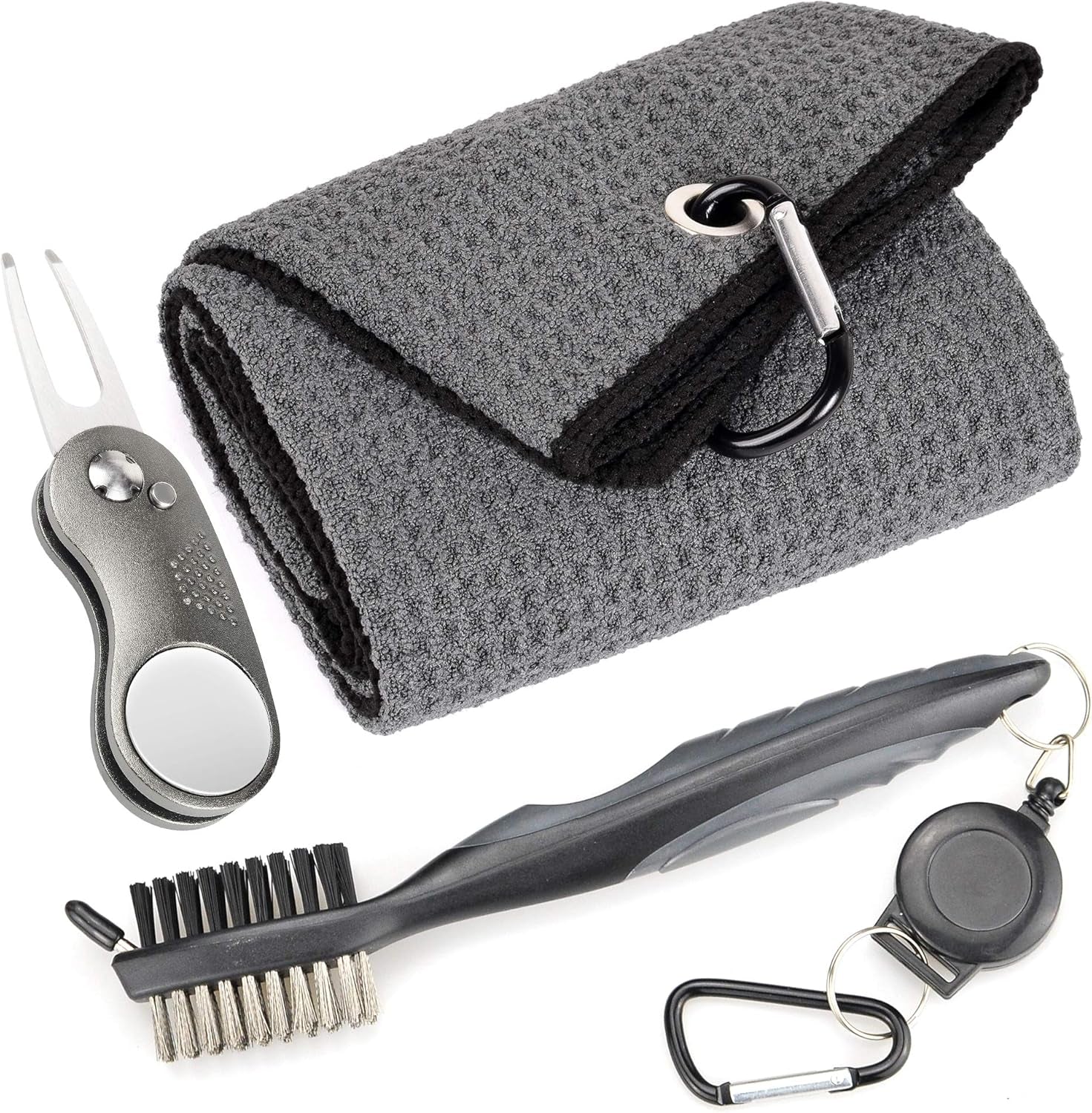 Mile High Life Microfiber Golf Towel with Waffle Pattern | Retractable Club Groove Cleaner Oversize Brush | Foldable Divot Tool with Magnetic Ball Marker | Golf Accessories for Men