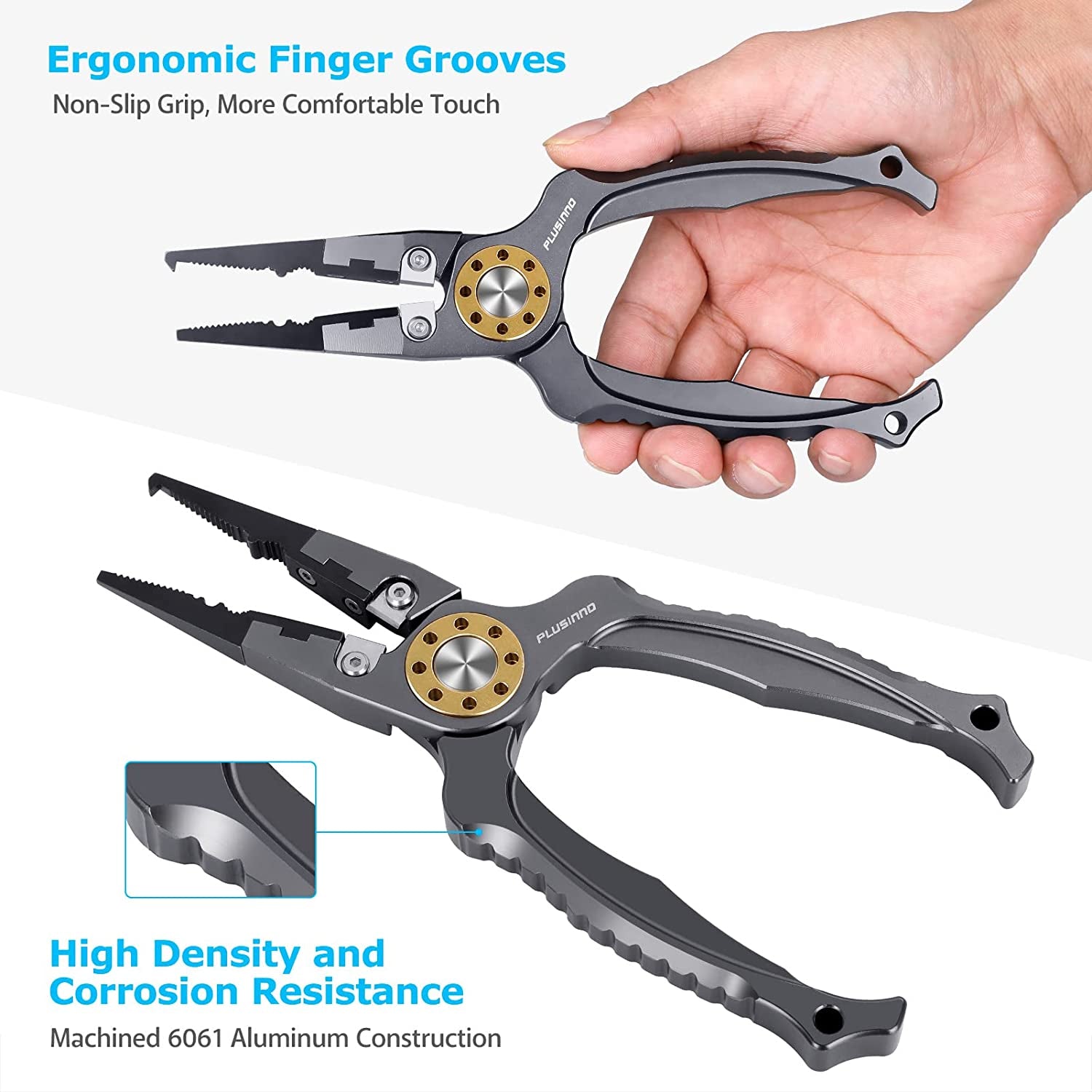 PLUSINNO 8 Inch Fishing Pliers, 6061Aluminum Muti-Function Fishing Tools, Split Ring Pliers Hook Removers, Saltwater Resistant Fishing Gear Accessories with Lanyard & Sheath, Fishing Gifts for Men