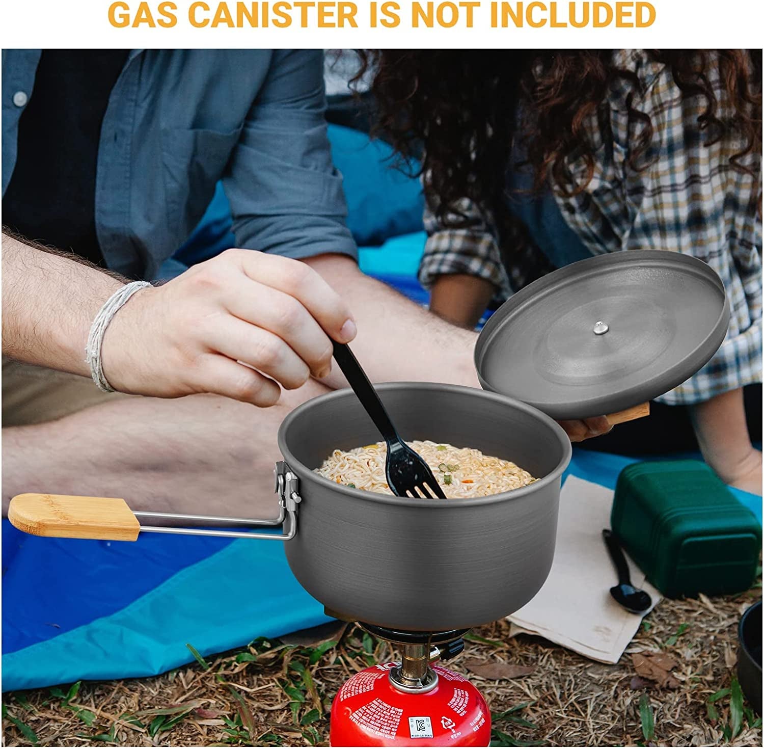 Kingcamp 7Pcs Camping Cookware Mess Kit Aluminum Folding Camping Pots and Pans Set with Bamboo Handle Lightweight Backpacking Cooking Set Outdoor Cook Gear for Family Hiking Picnic