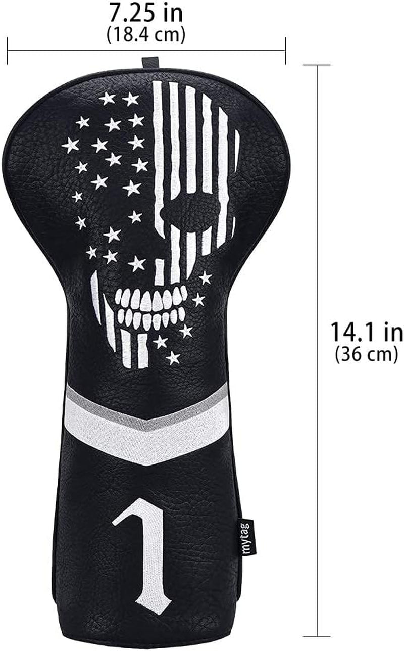 Mytag Golf Skull Skeleton Head Cover Golf Club Black Leather Headcovers Set Fits Driver Fairway Wood Hybrid Utility Putter Iron Wedge Headcover