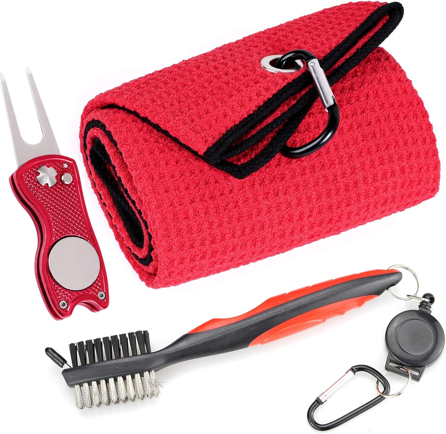 Mile High Life Microfiber Golf Towel with Waffle Pattern | Retractable Club Groove Cleaner Oversize Brush | Foldable Divot Tool with Magnetic Ball Marker | Golf Accessories for Men