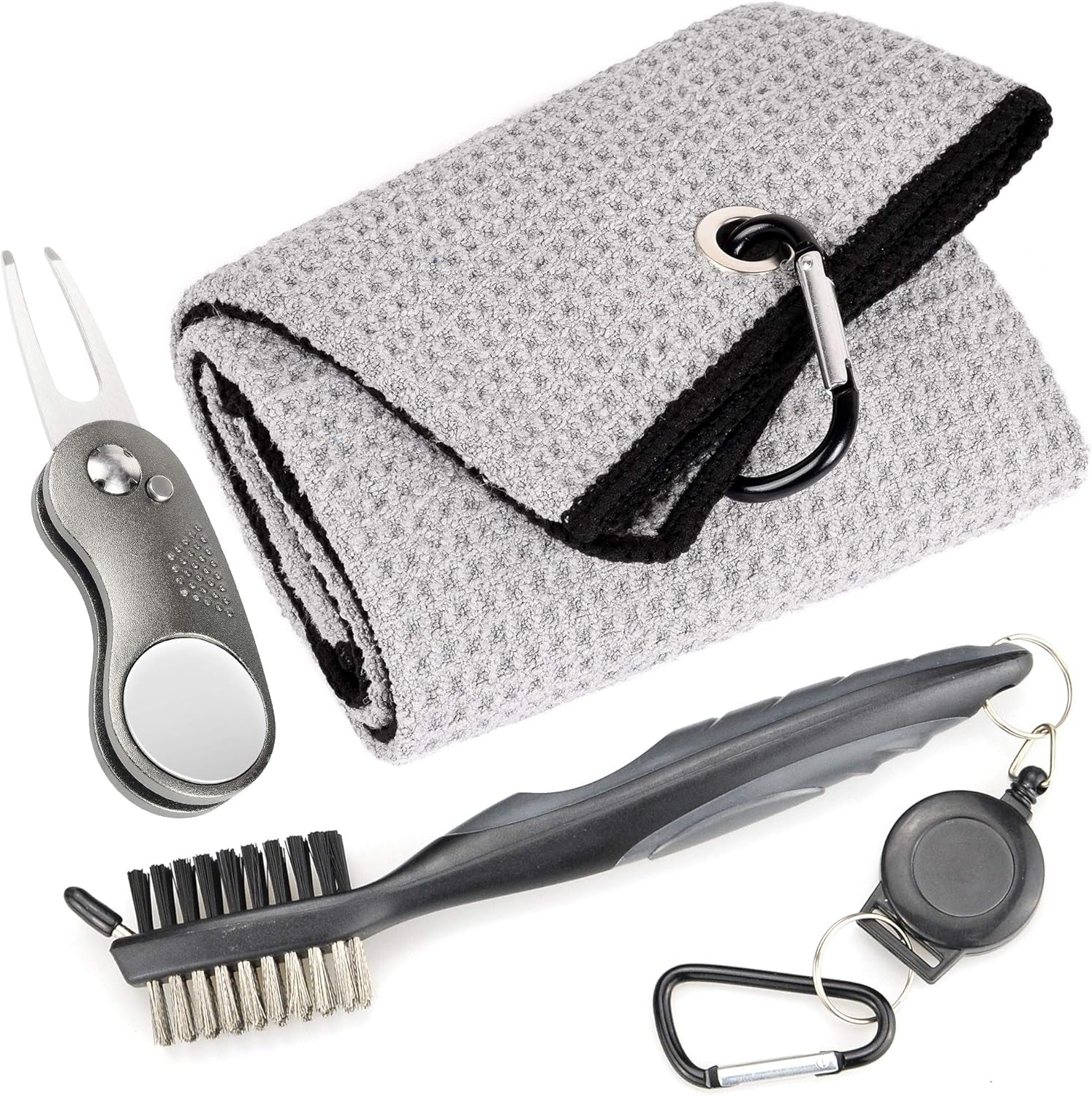 Mile High Life Microfiber Golf Towel with Waffle Pattern | Retractable Club Groove Cleaner Oversize Brush | Foldable Divot Tool with Magnetic Ball Marker | Golf Accessories for Men