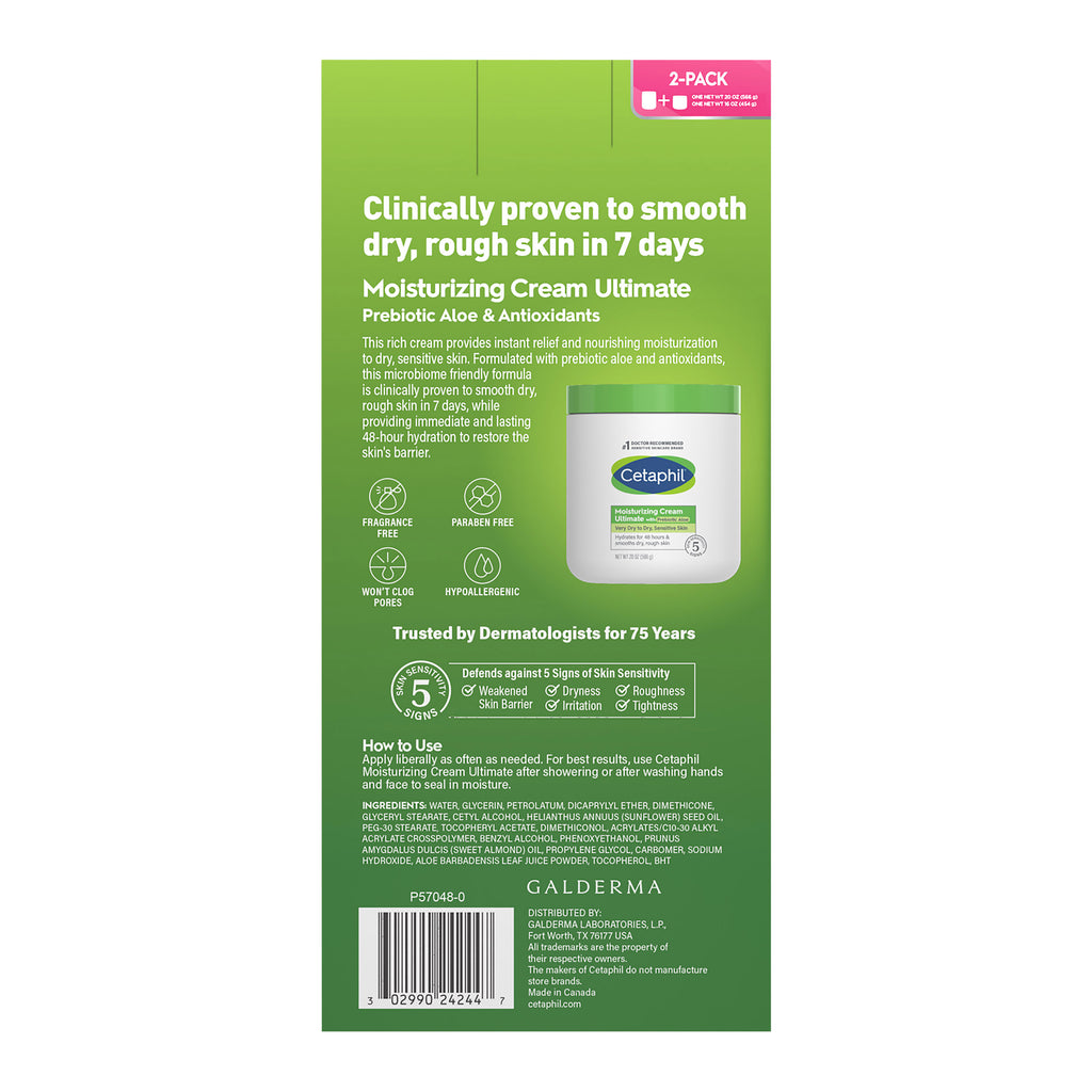 Cetaphil Moisturizing Cream Ultimate with Prebiotic Aloe, Very Dry to Dry Sensitive Skin, 20 Oz + 16 Oz, 2-Pack