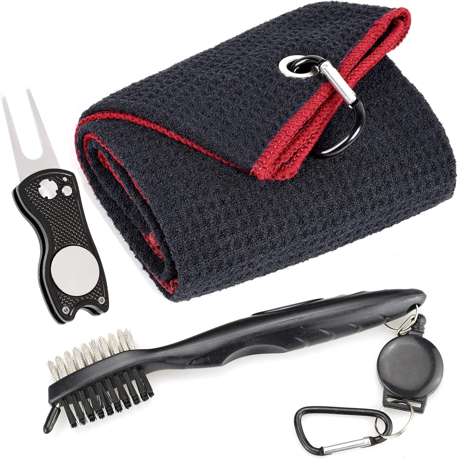 Mile High Life Microfiber Golf Towel with Waffle Pattern | Retractable Club Groove Cleaner Oversize Brush | Foldable Divot Tool with Magnetic Ball Marker | Golf Accessories for Men